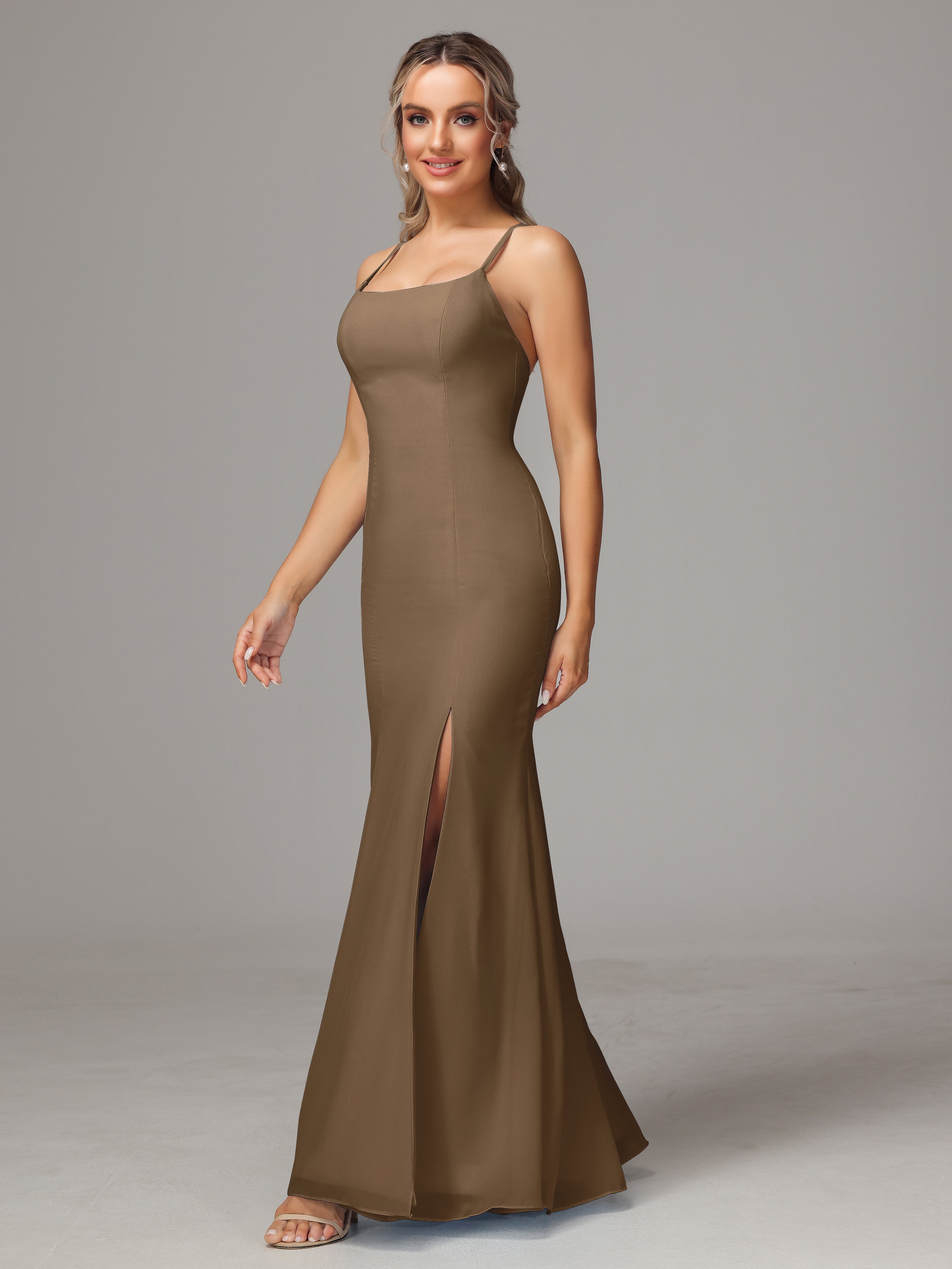Spaghetti Straps Cross Back Chiffon Wedding Guest Dress