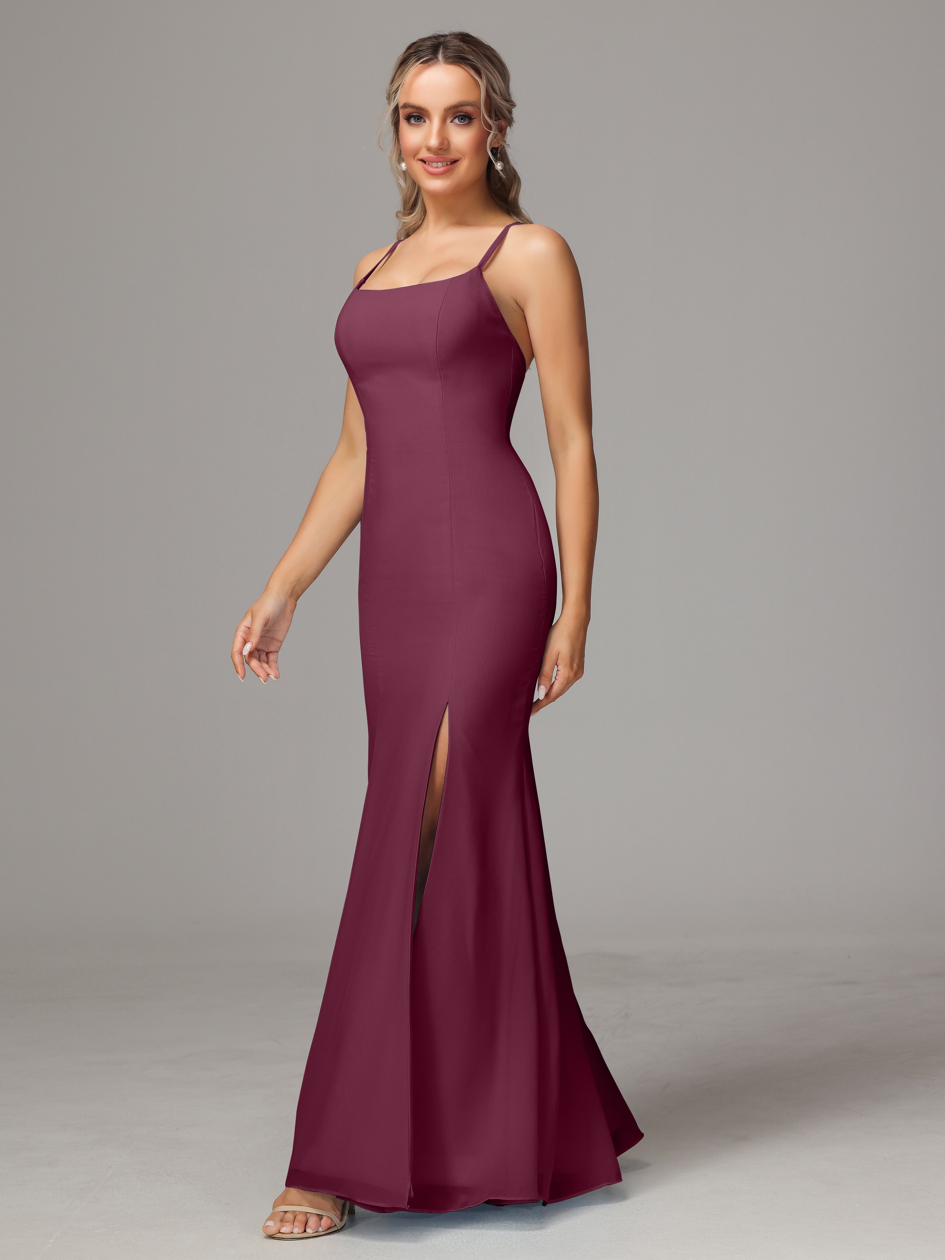 Spaghetti Straps Cross Back Chiffon Wedding Guest Dress