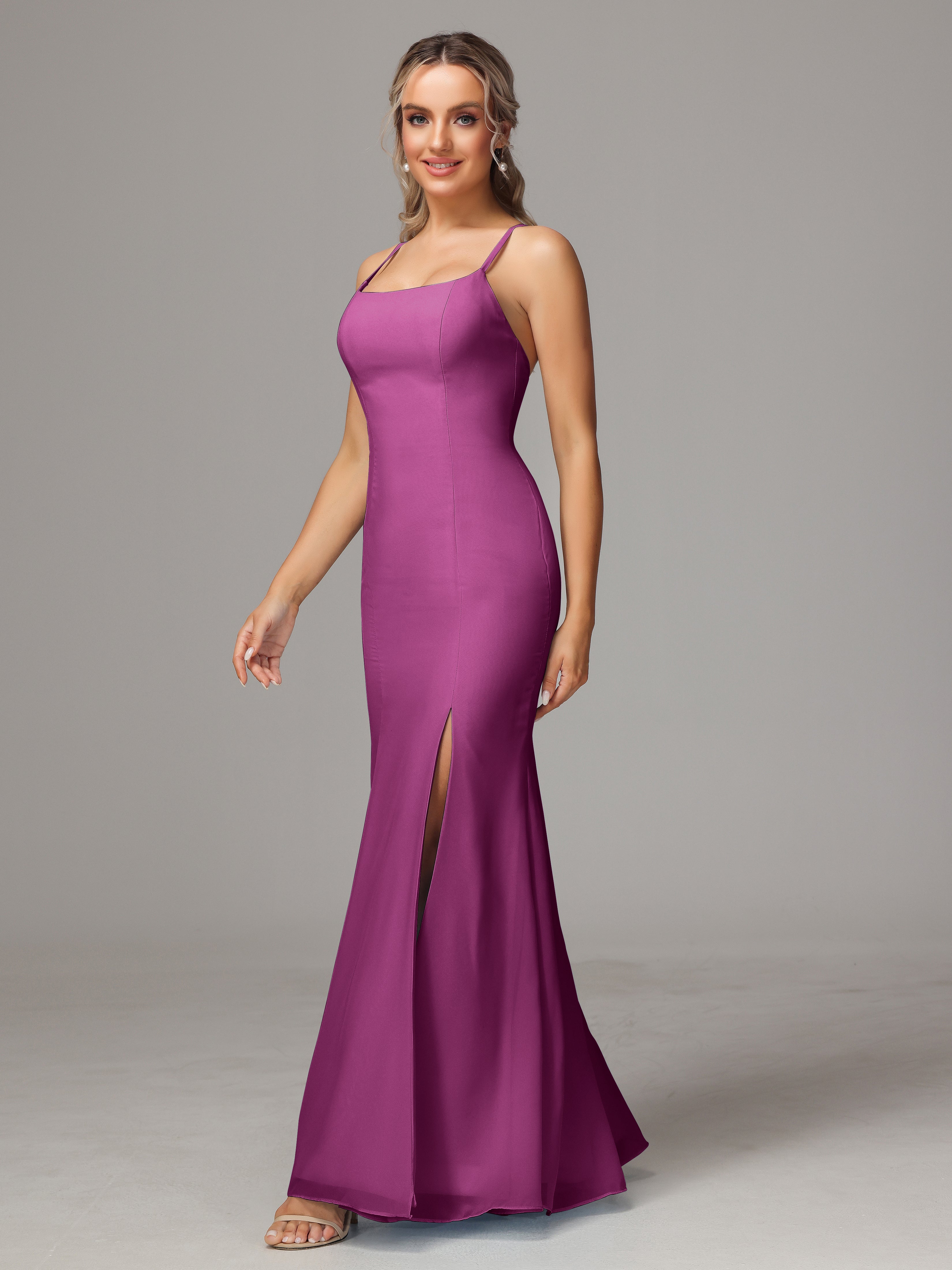 Spaghetti Straps Cross Back Chiffon Wedding Guest Dress