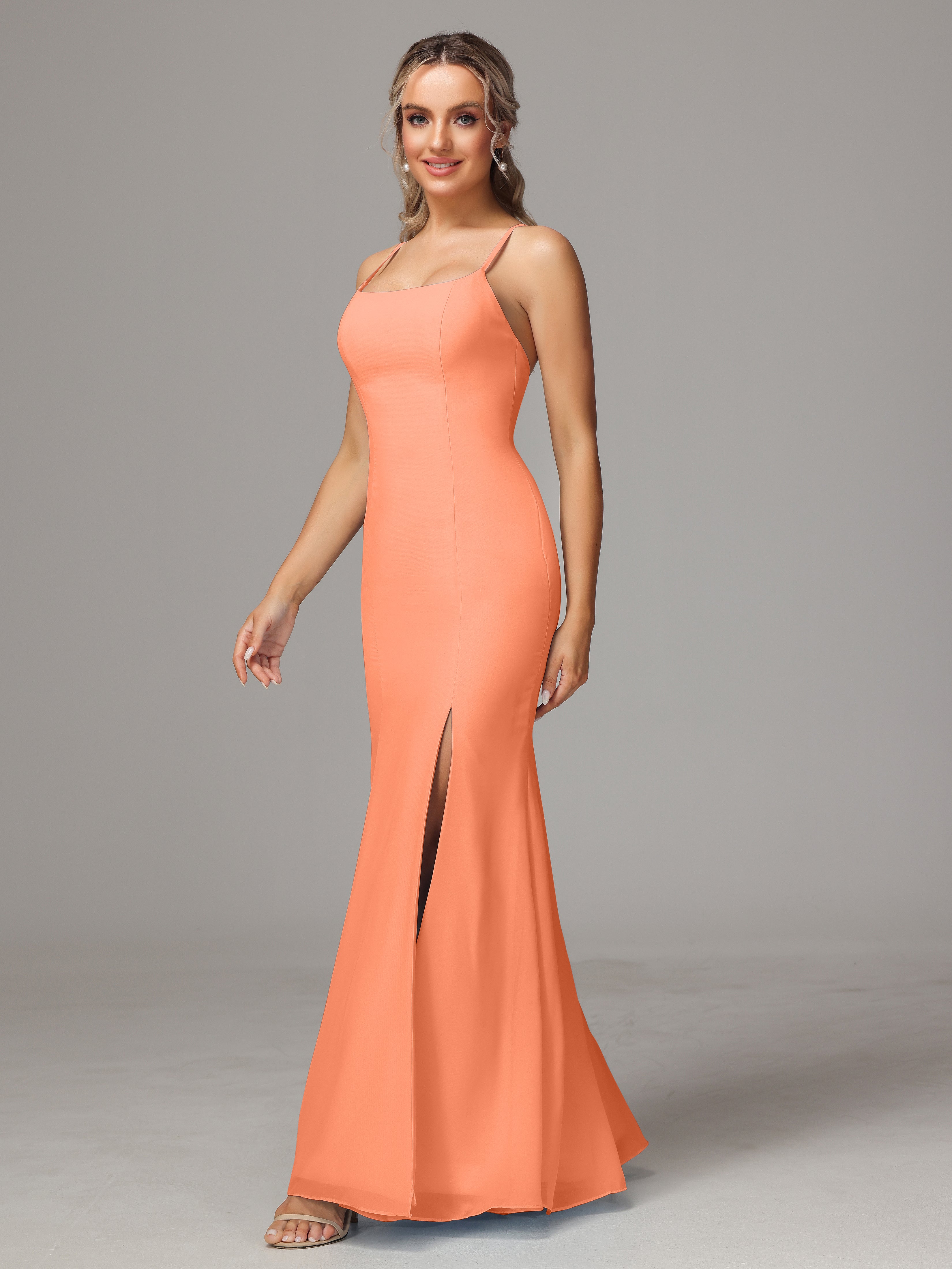 Spaghetti Straps Cross Back Chiffon Wedding Guest Dress