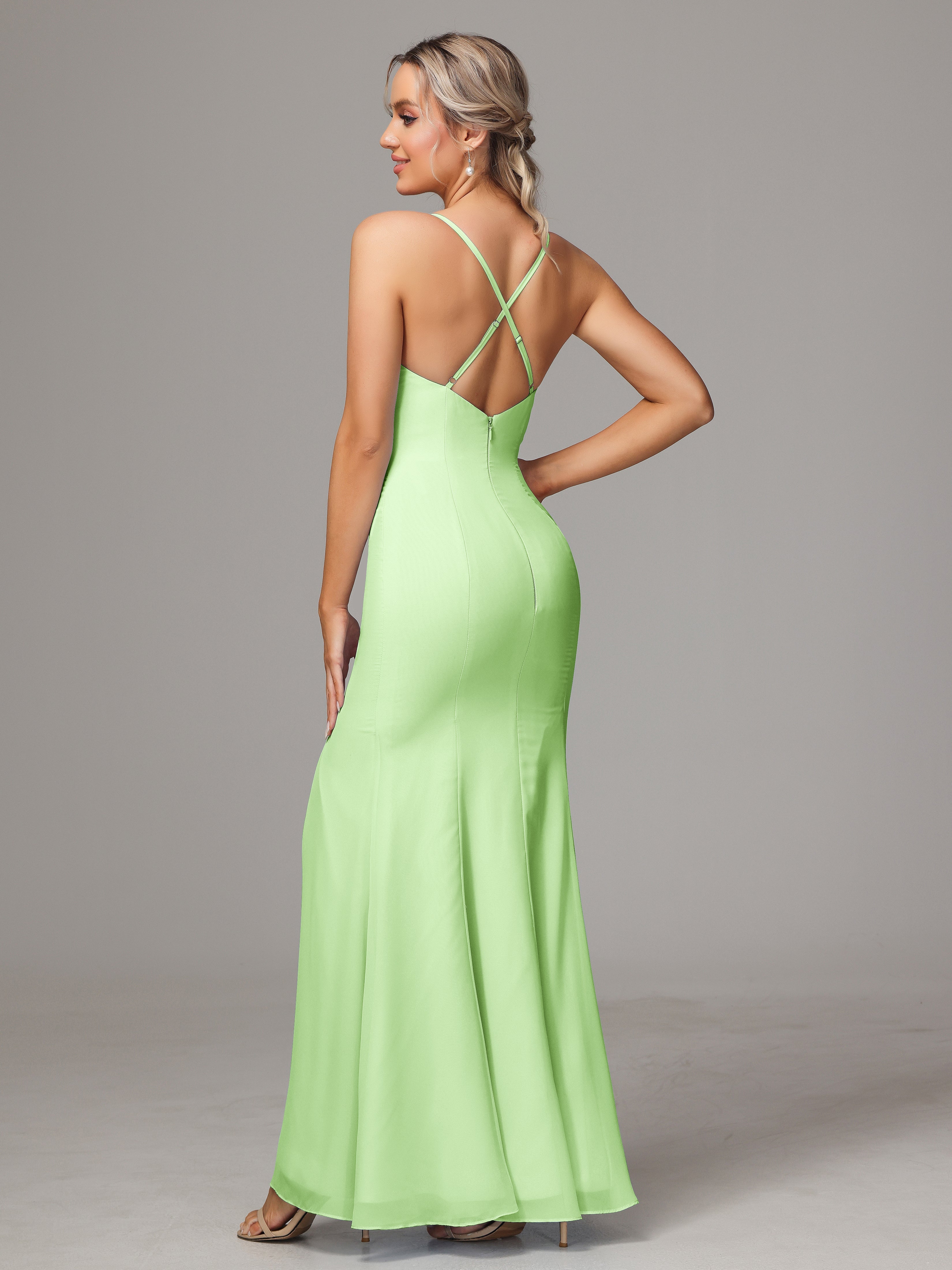 Spaghetti Straps Cross Back Chiffon Wedding Guest Dress