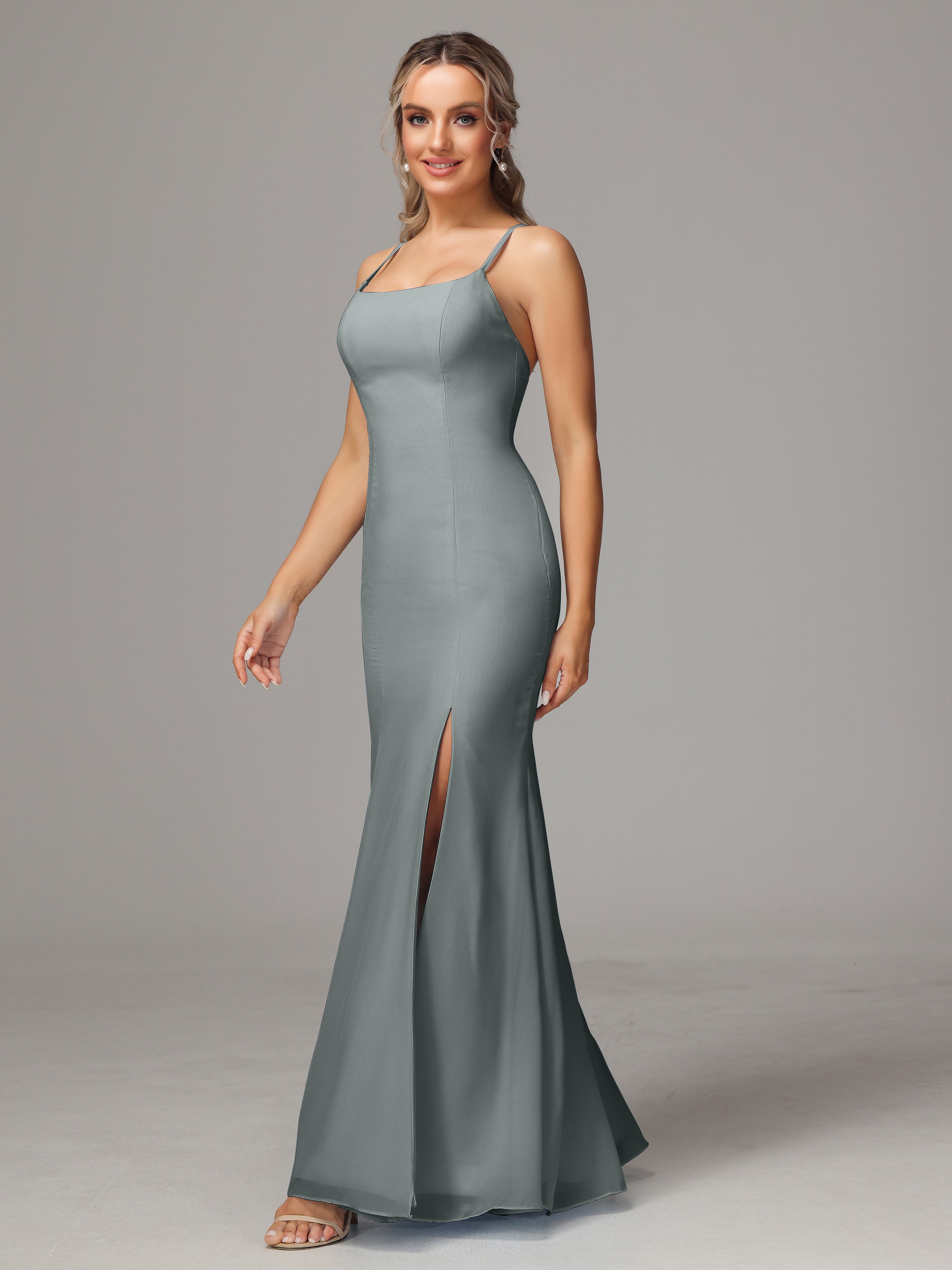 Spaghetti Straps Cross Back Chiffon Wedding Guest Dress