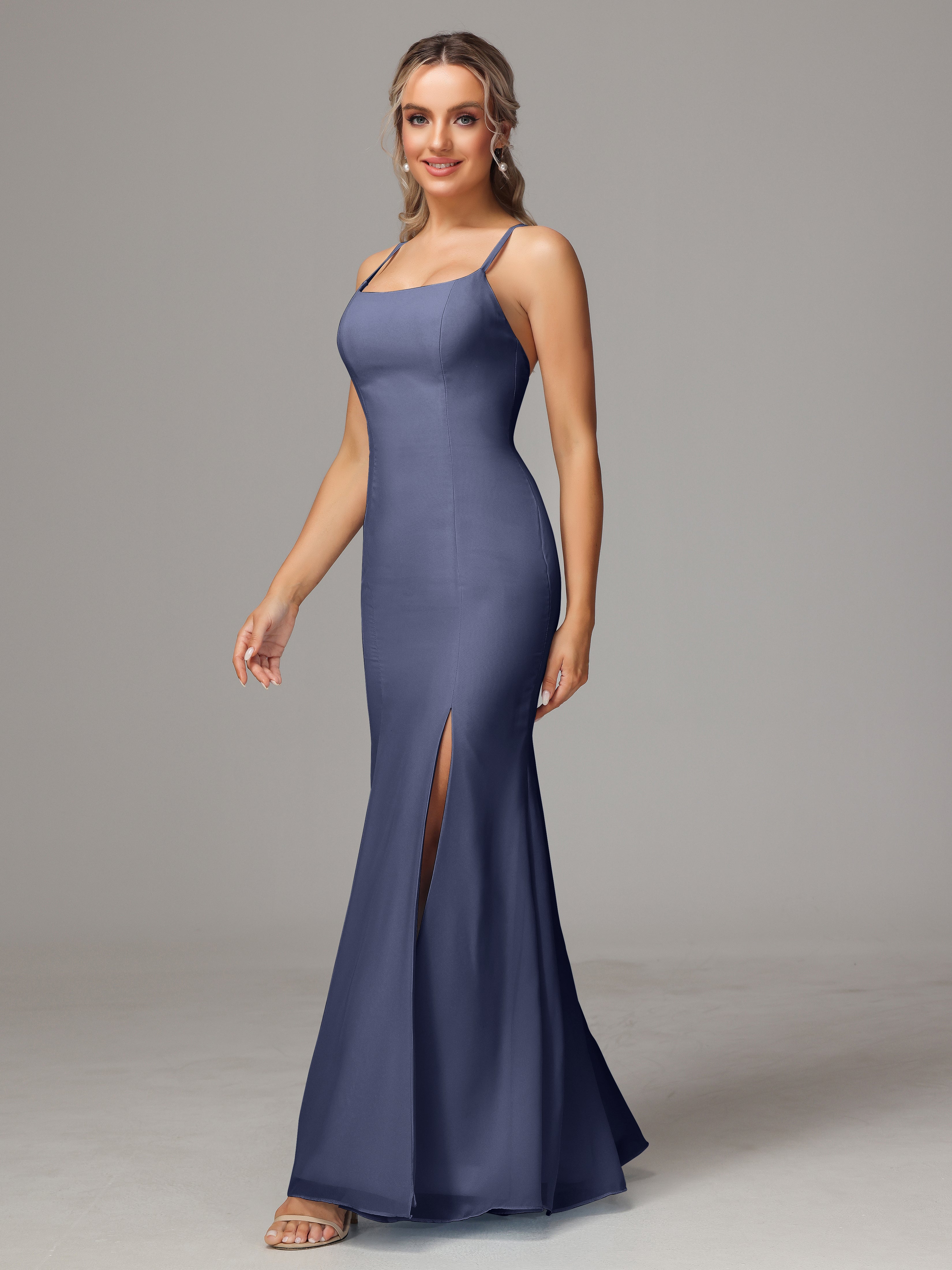 Spaghetti Straps Cross Back Chiffon Wedding Guest Dress