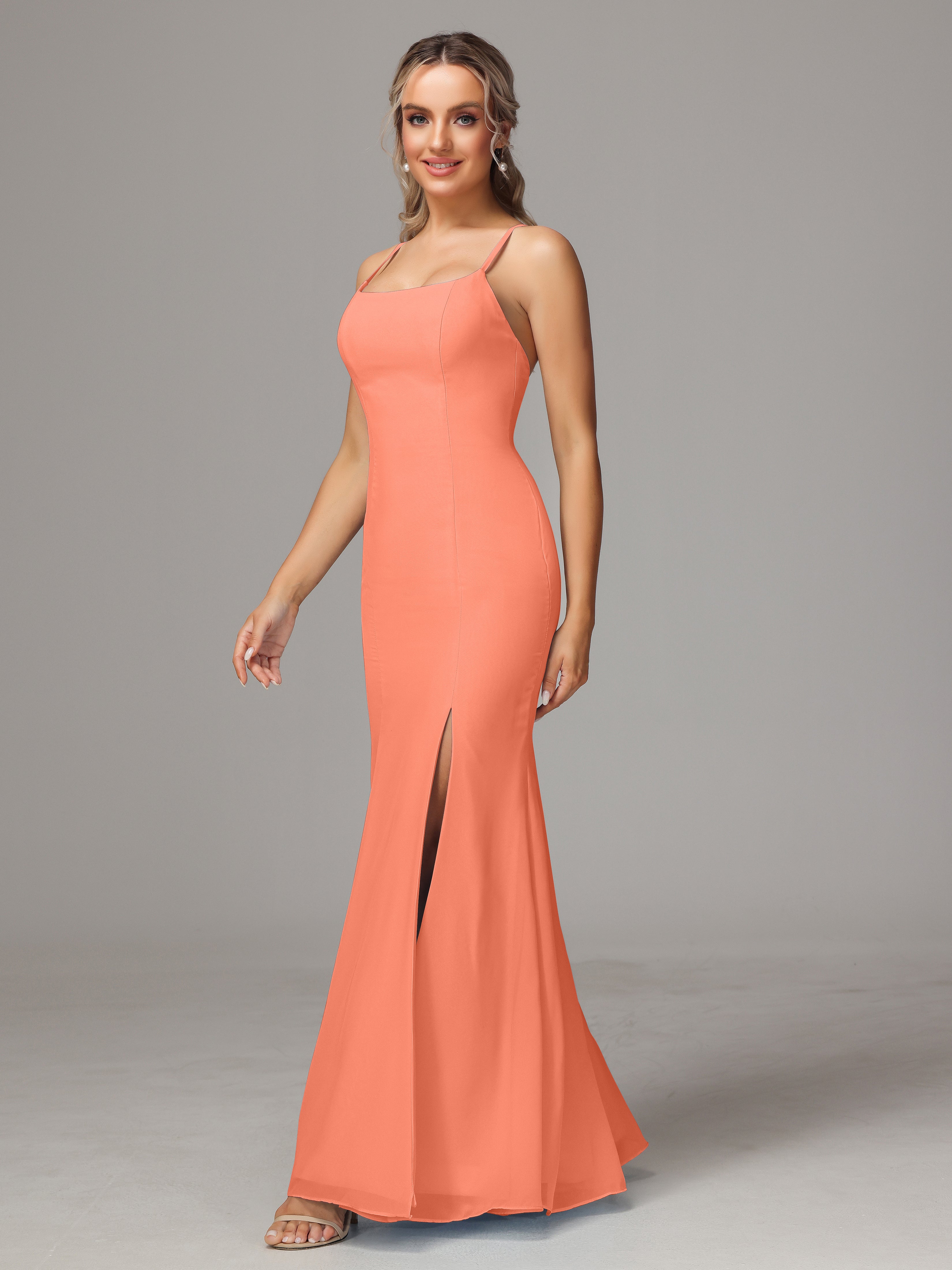 Spaghetti Straps Cross Back Chiffon Wedding Guest Dress