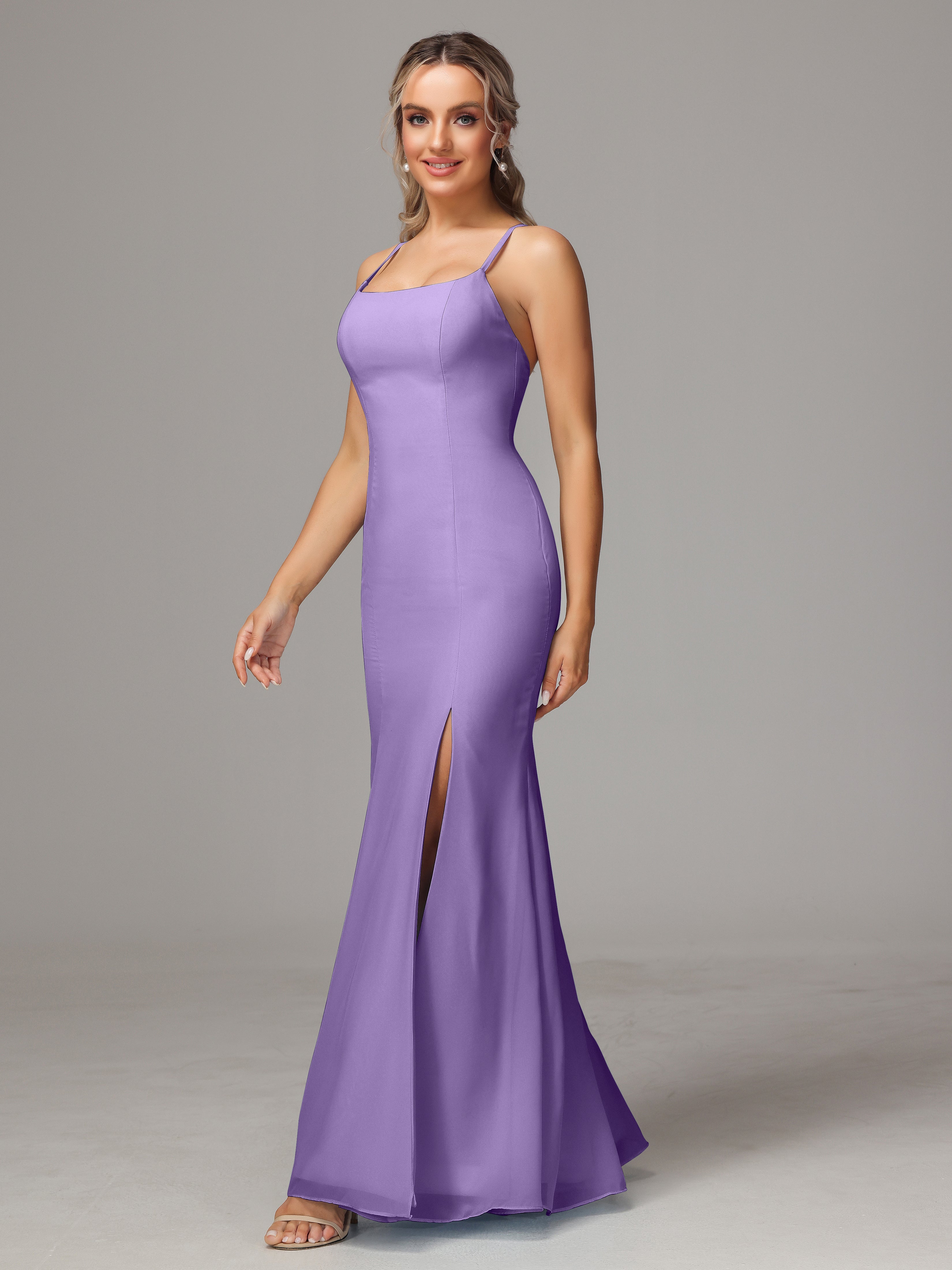 Spaghetti Straps Cross Back Chiffon Wedding Guest Dress