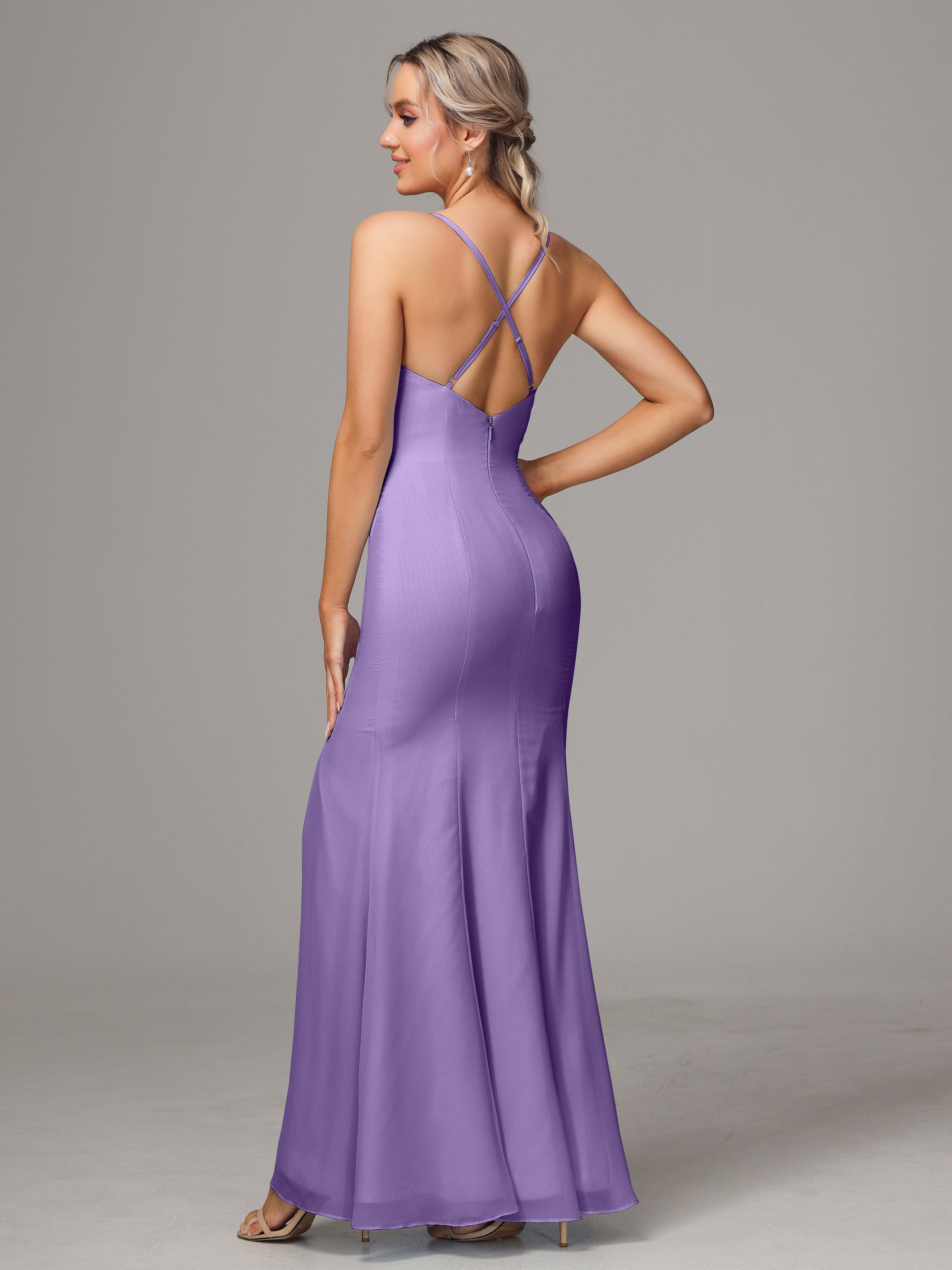 Spaghetti Straps Cross Back Chiffon Wedding Guest Dress