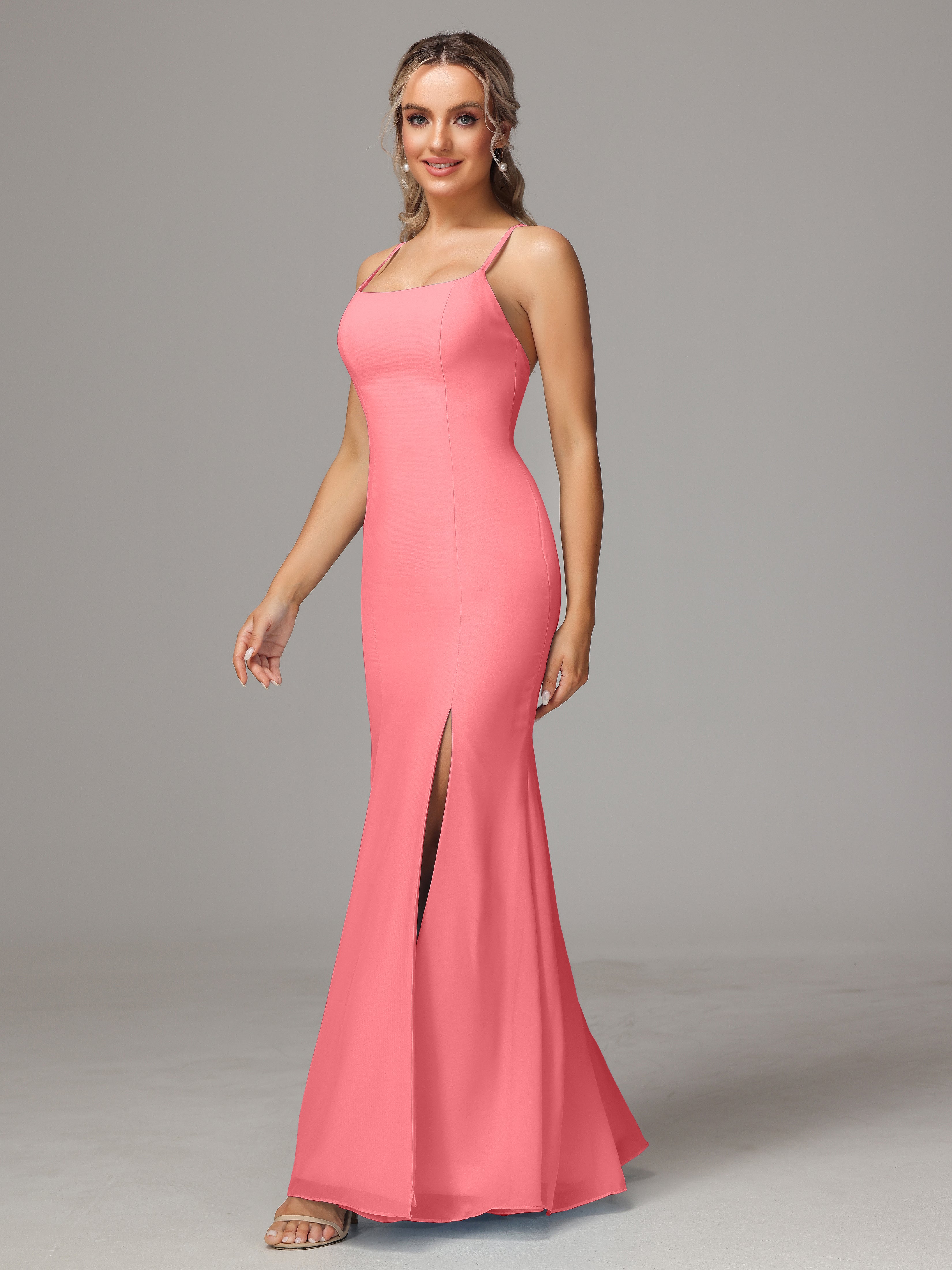 Spaghetti Straps Cross Back Chiffon Wedding Guest Dress