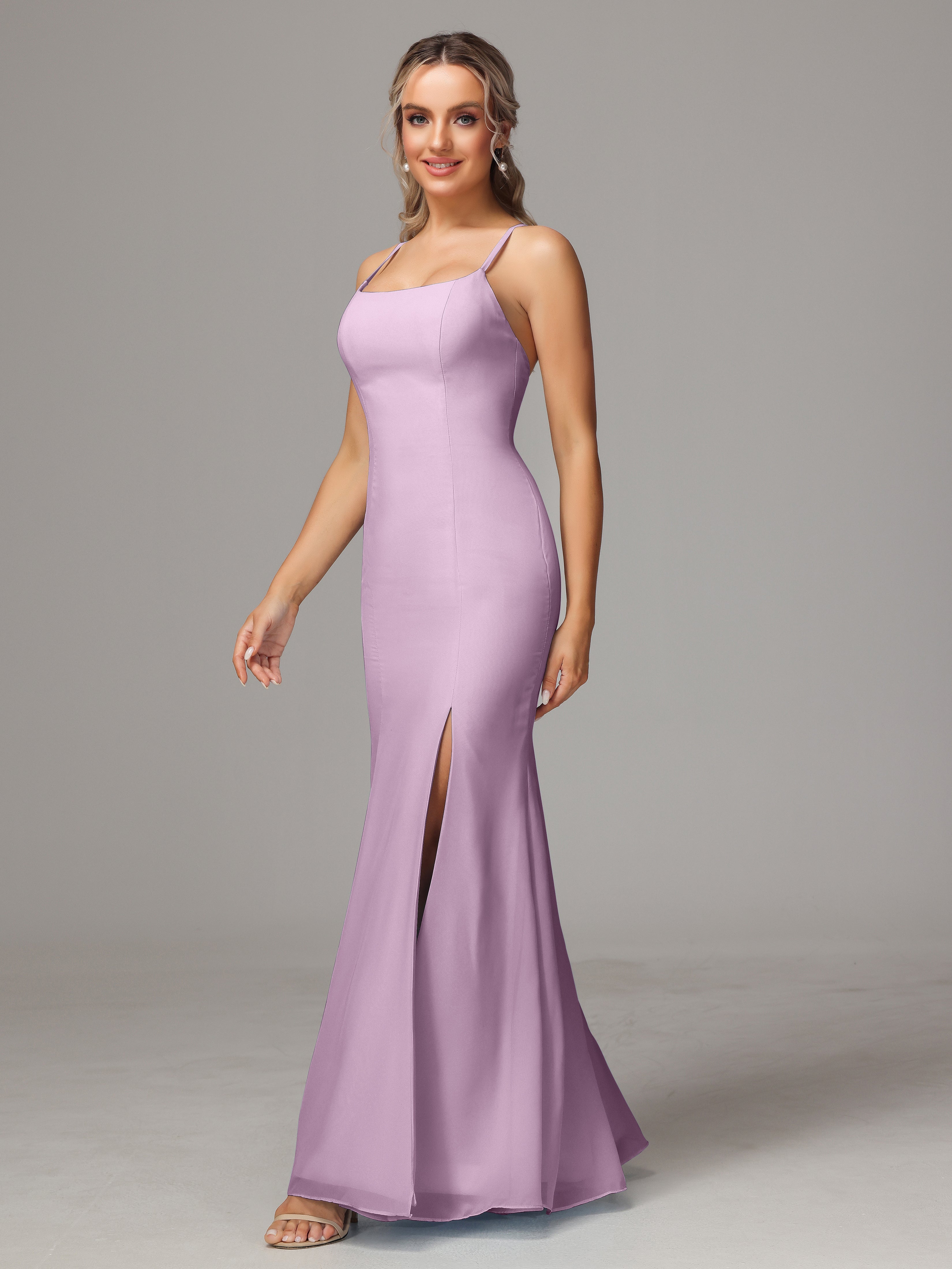 Spaghetti Straps Cross Back Chiffon Wedding Guest Dress