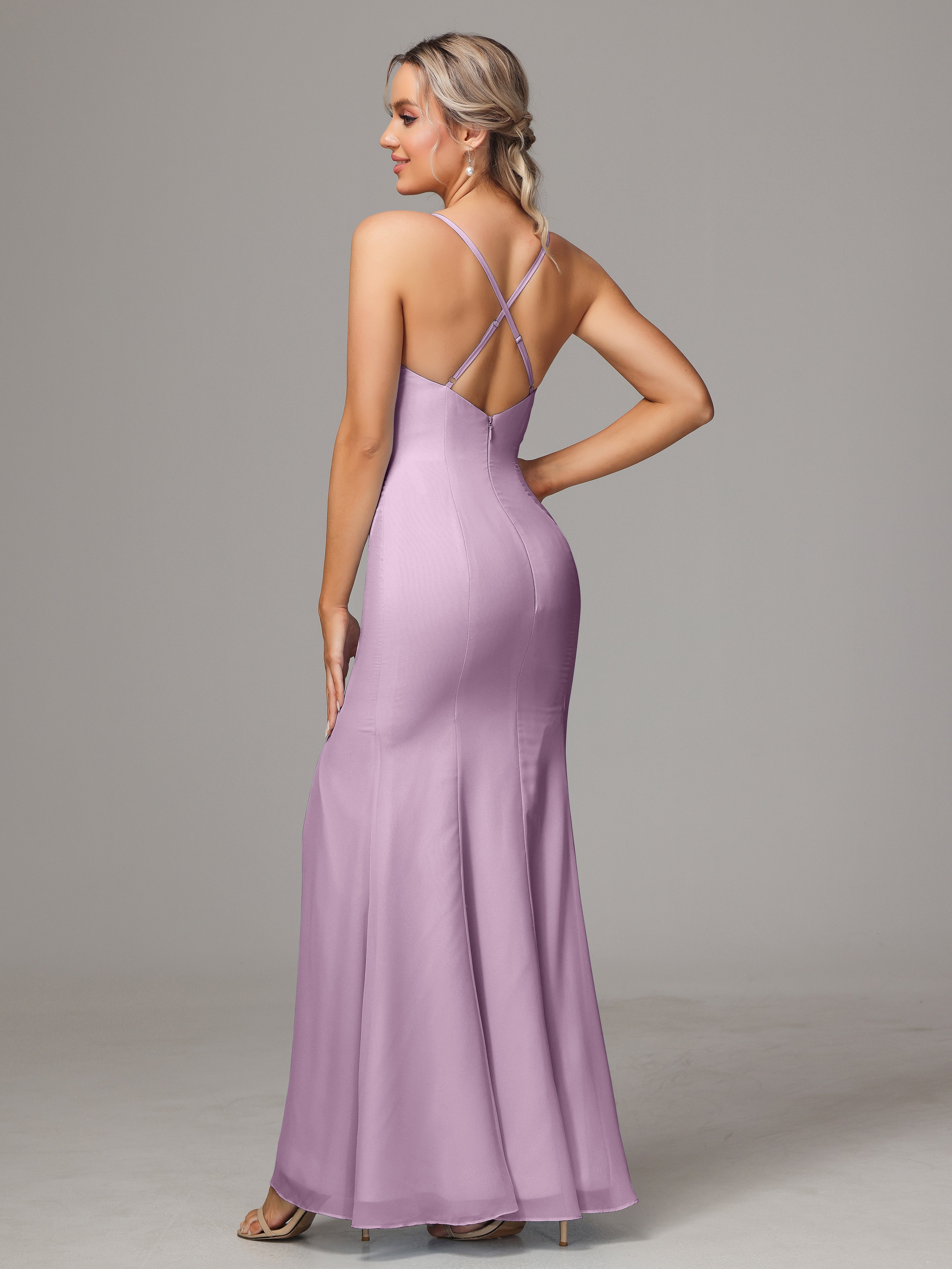 Spaghetti Straps Cross Back Chiffon Wedding Guest Dress