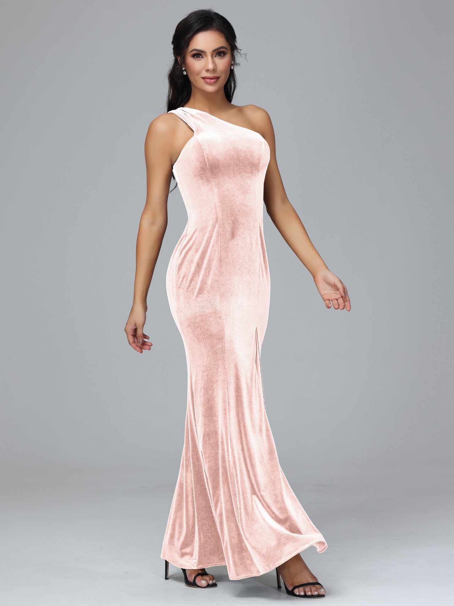 One Shoulder Plus Size Velvet Bridesmaid Dress With Slit