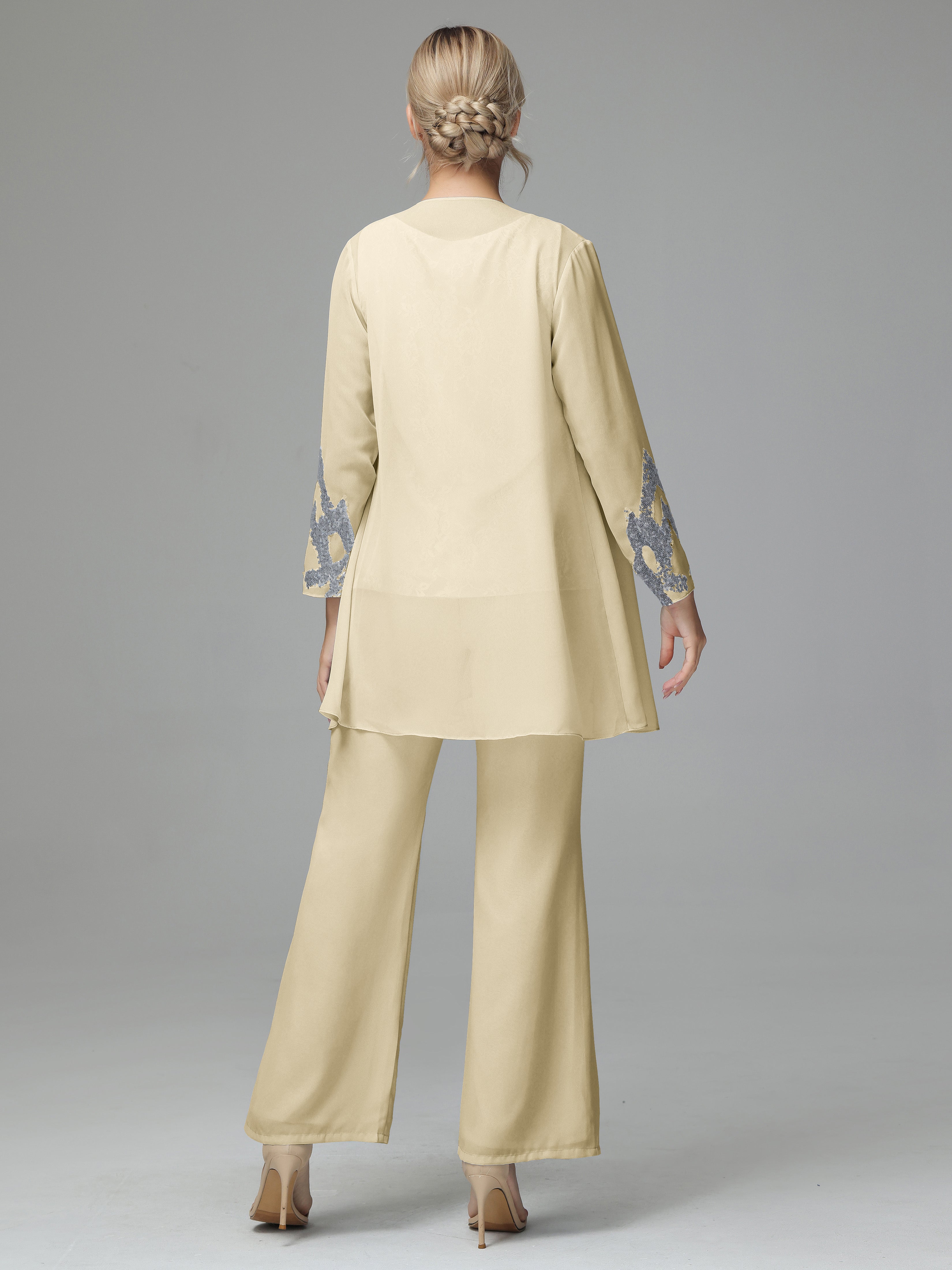 Long Sleeves Chiffon Lace Mother Of The Bride Dress Pants Suits