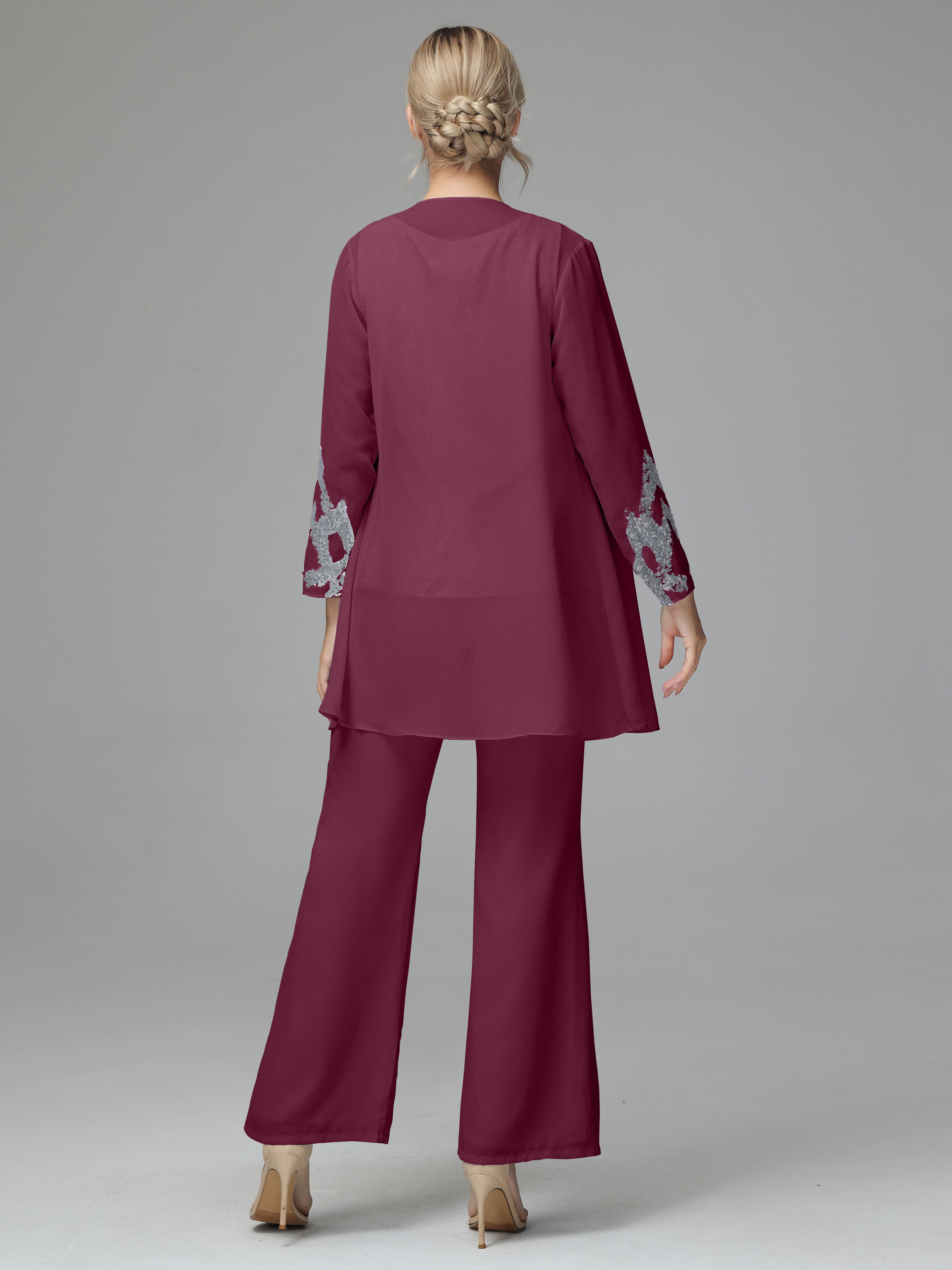 Long Sleeves Chiffon Lace Mother Of The Bride Dress Pants Suits