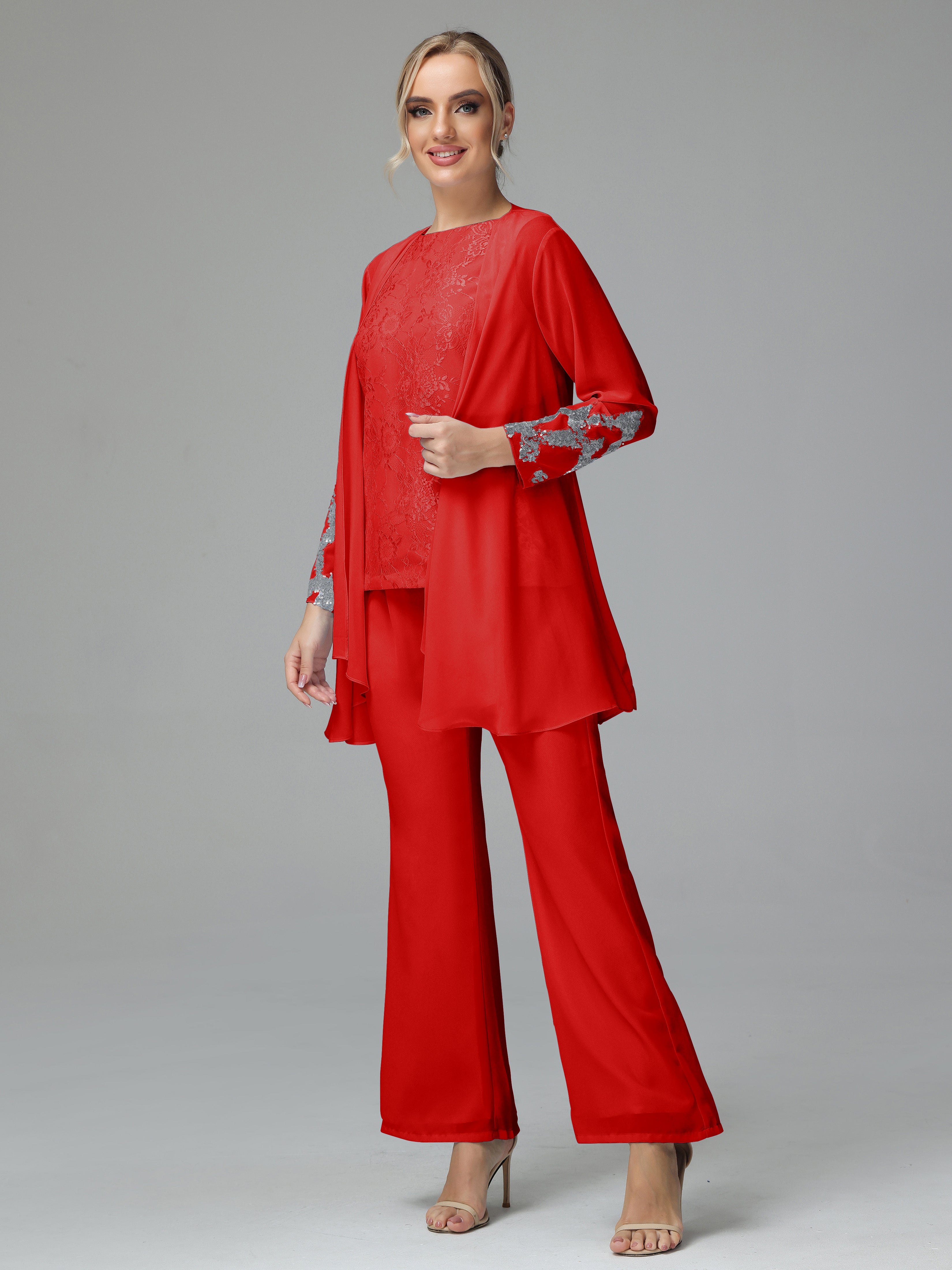 Long Sleeves Chiffon Lace Mother Of The Bride Dress Pants Suits