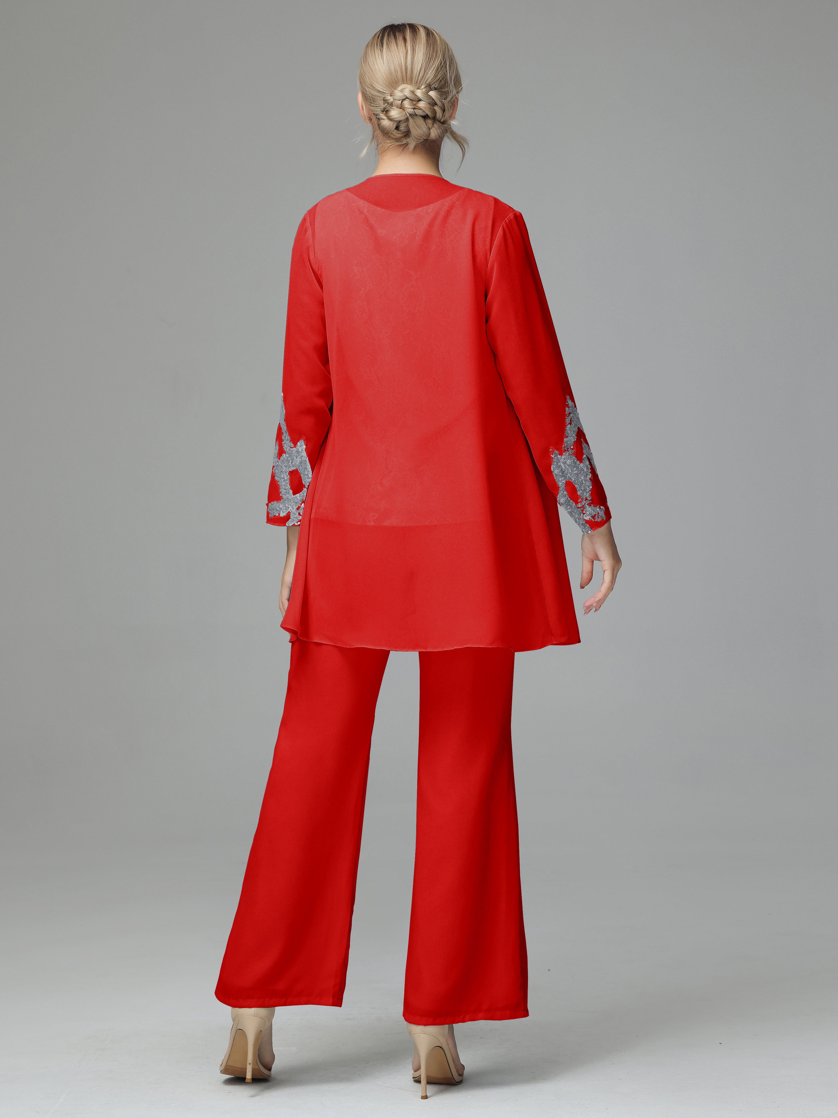Long Sleeves Chiffon Lace Mother Of The Bride Dress Pants Suits
