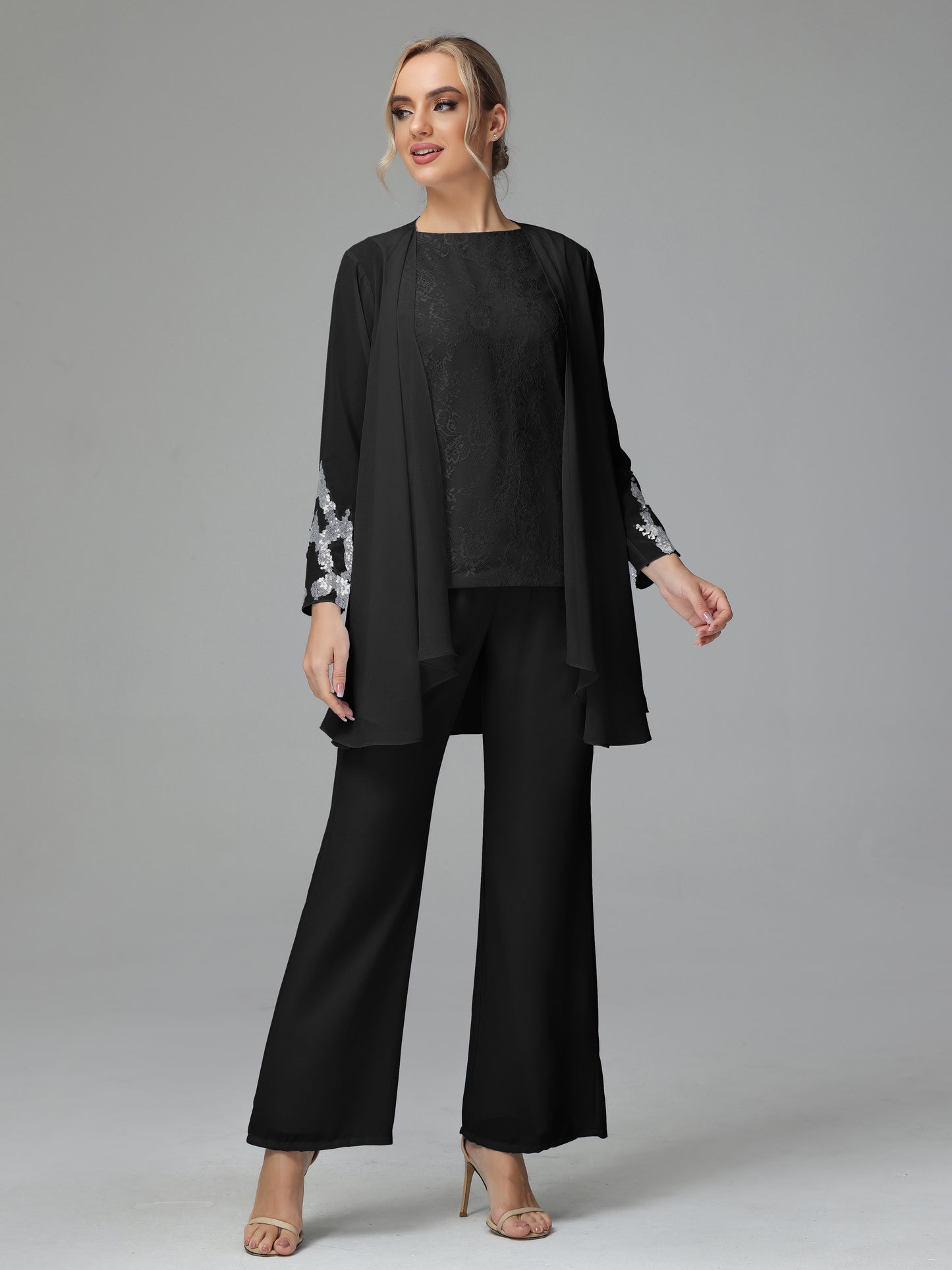 Long Sleeves Chiffon Lace Mother Of The Bride Dress Pants Suits