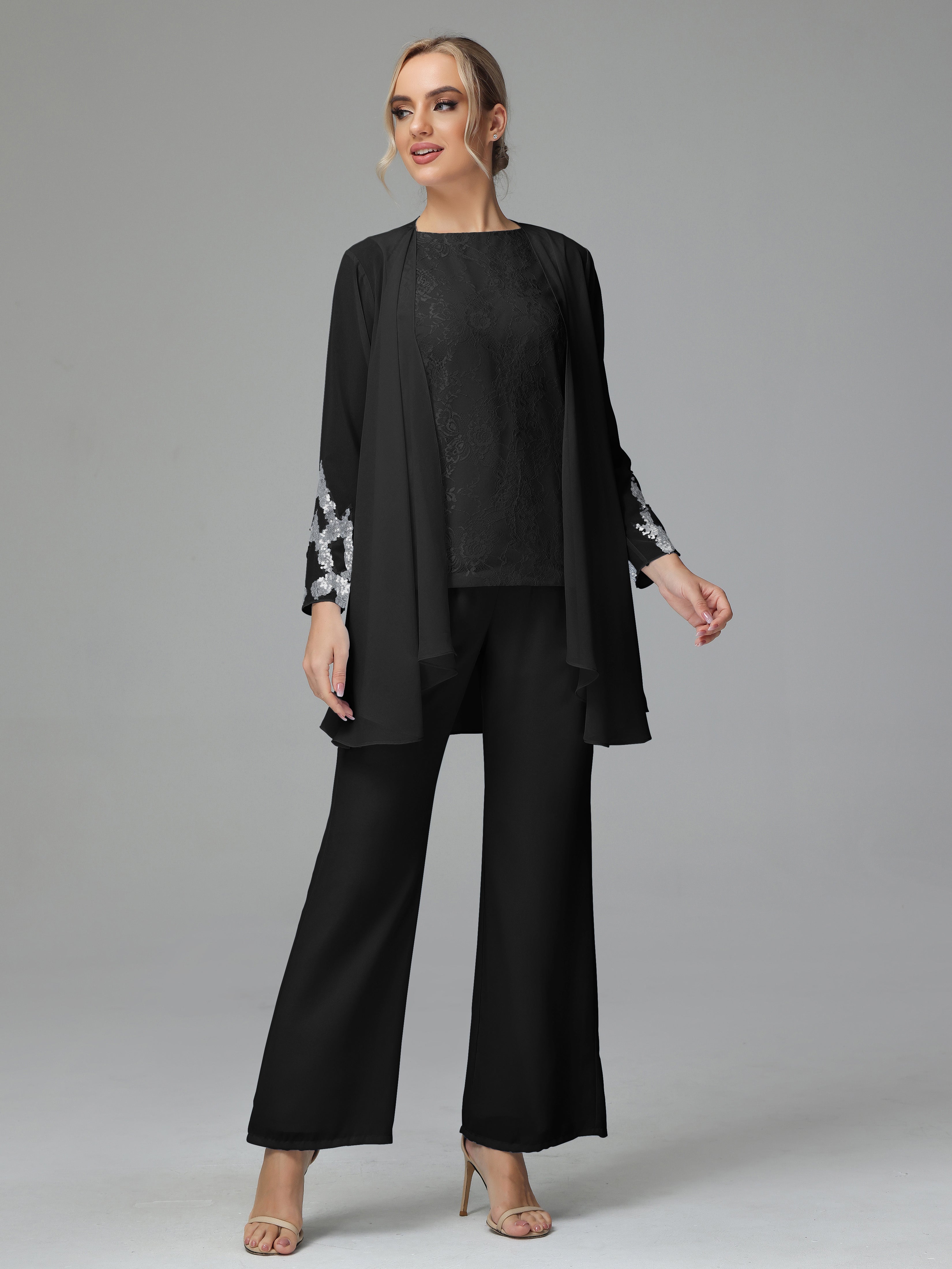 Long Sleeves Chiffon Lace Mother Of The Bride Dress Pants Suits