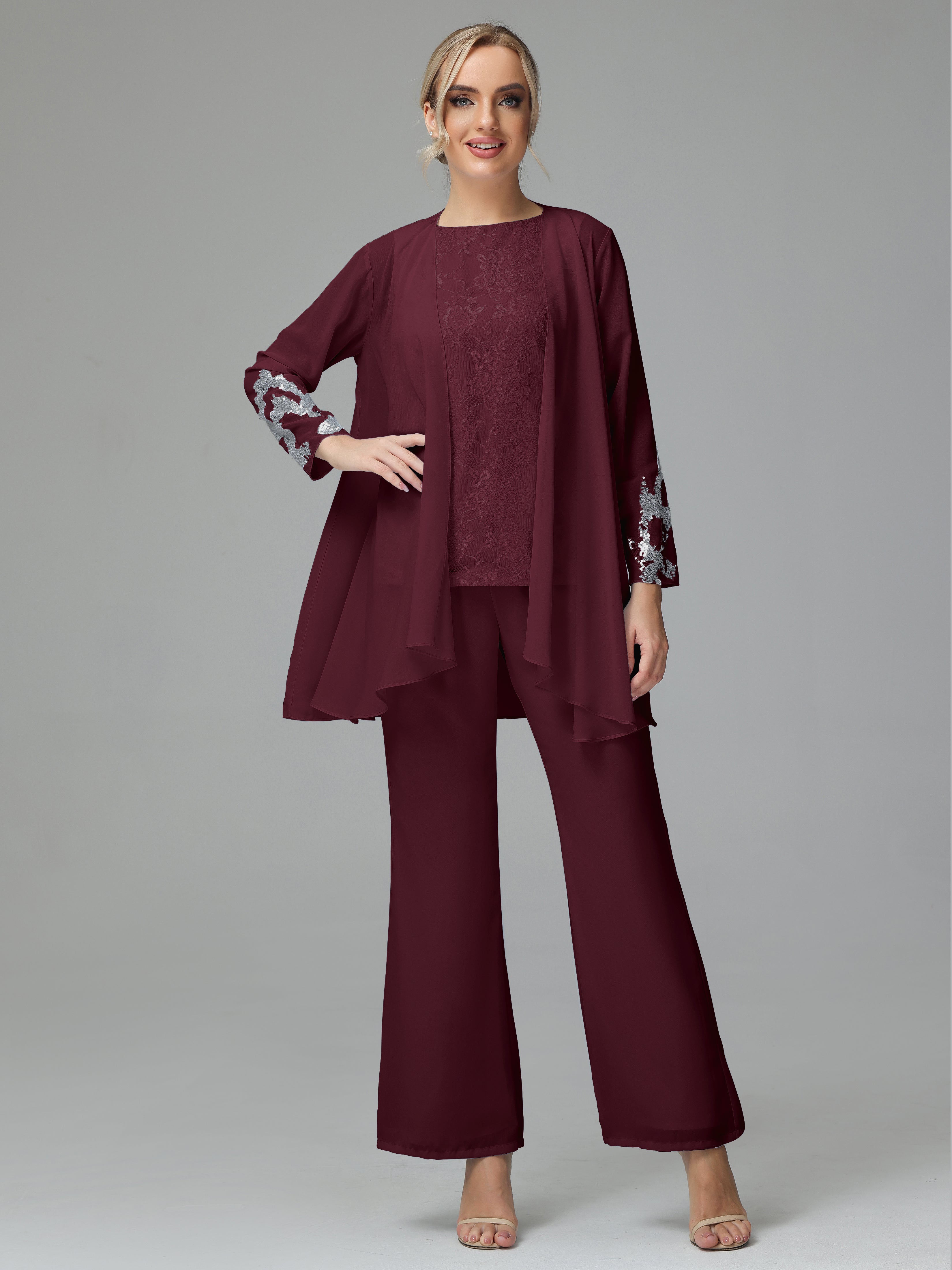 Long Sleeves Chiffon Lace Mother Of The Bride Dress Pants Suits