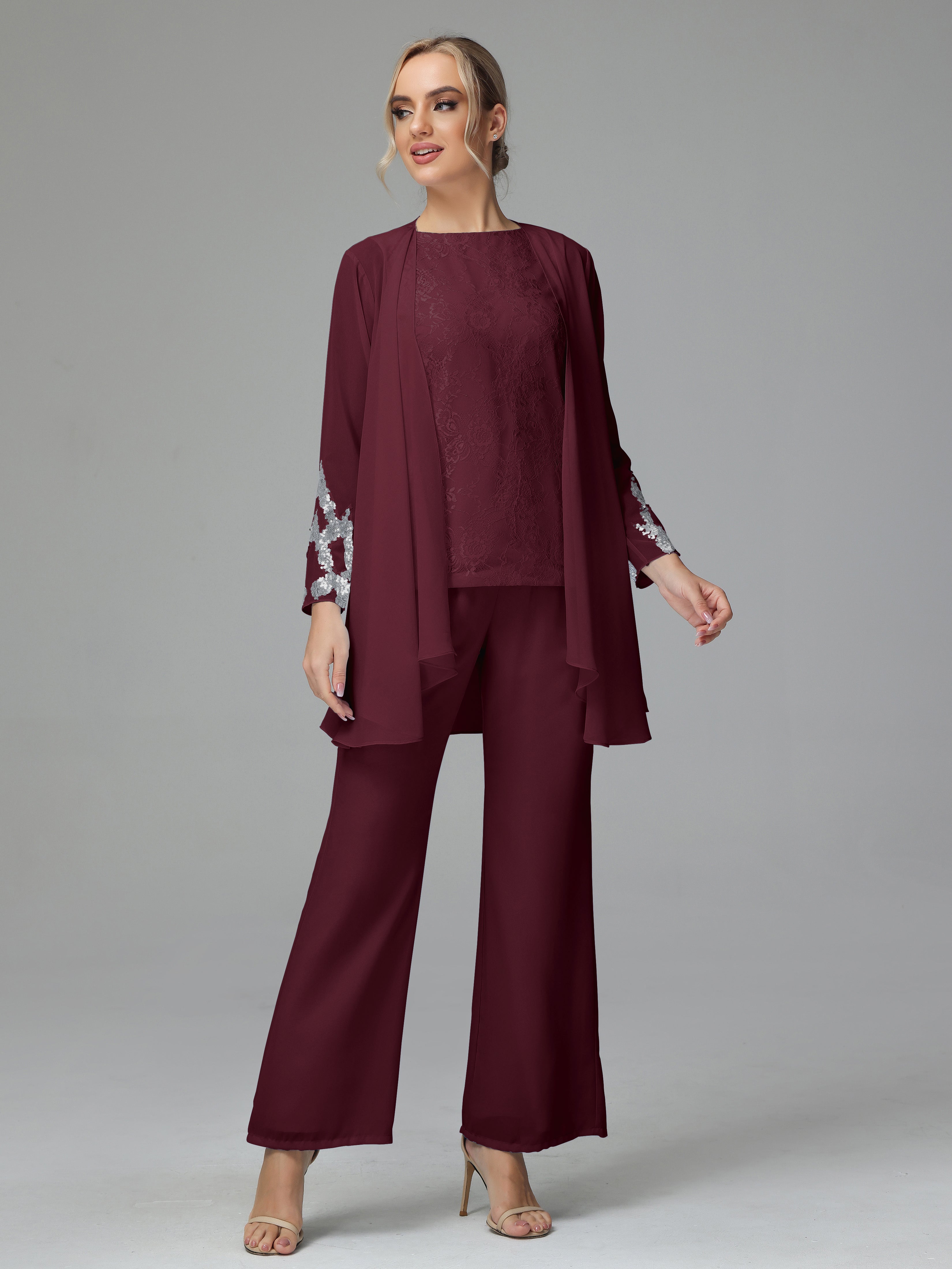 Long Sleeves Chiffon Lace Mother Of The Bride Dress Pants Suits
