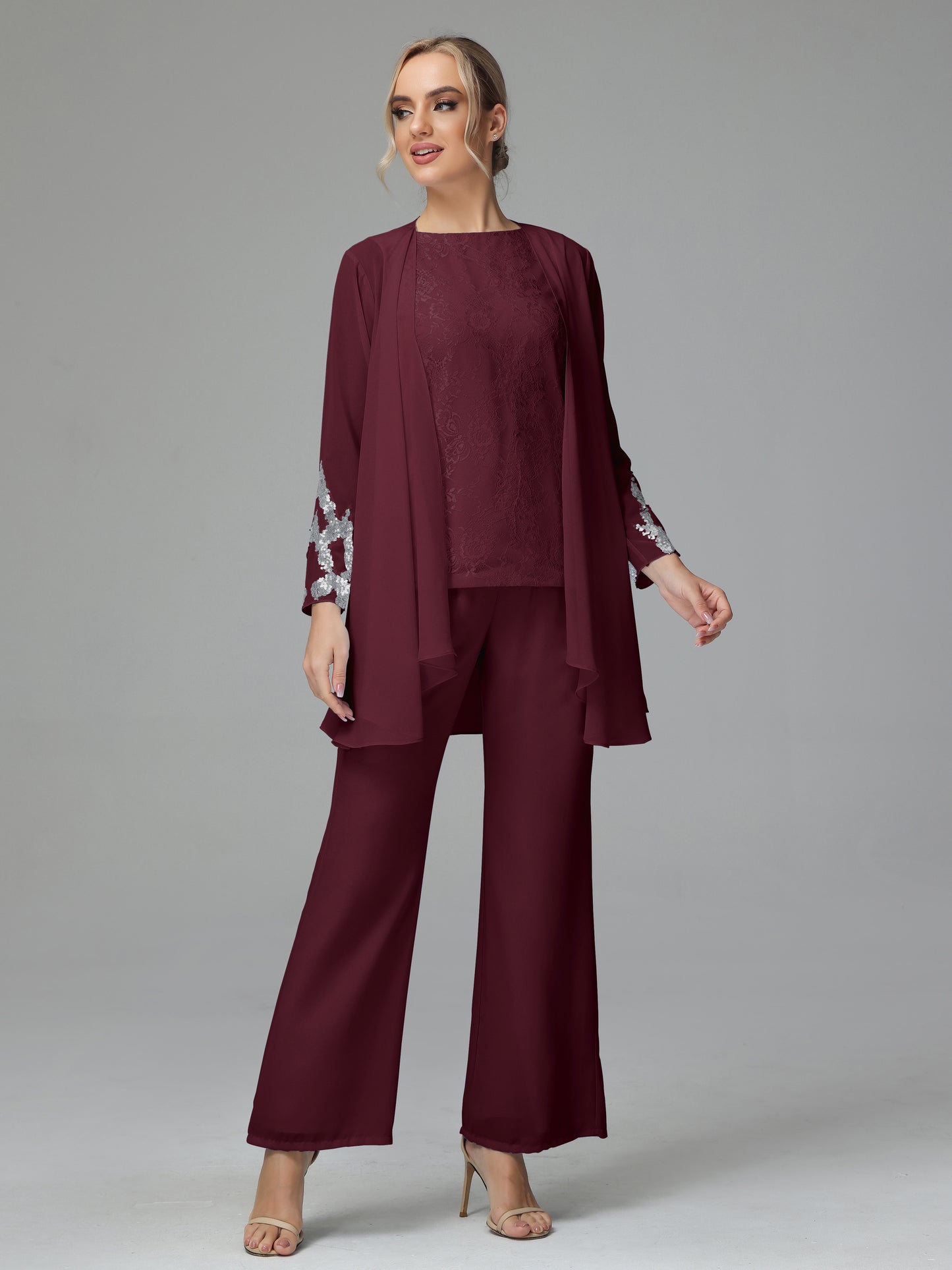 Long Sleeves Chiffon Lace Mother Of The Bride Dress Pants Suits