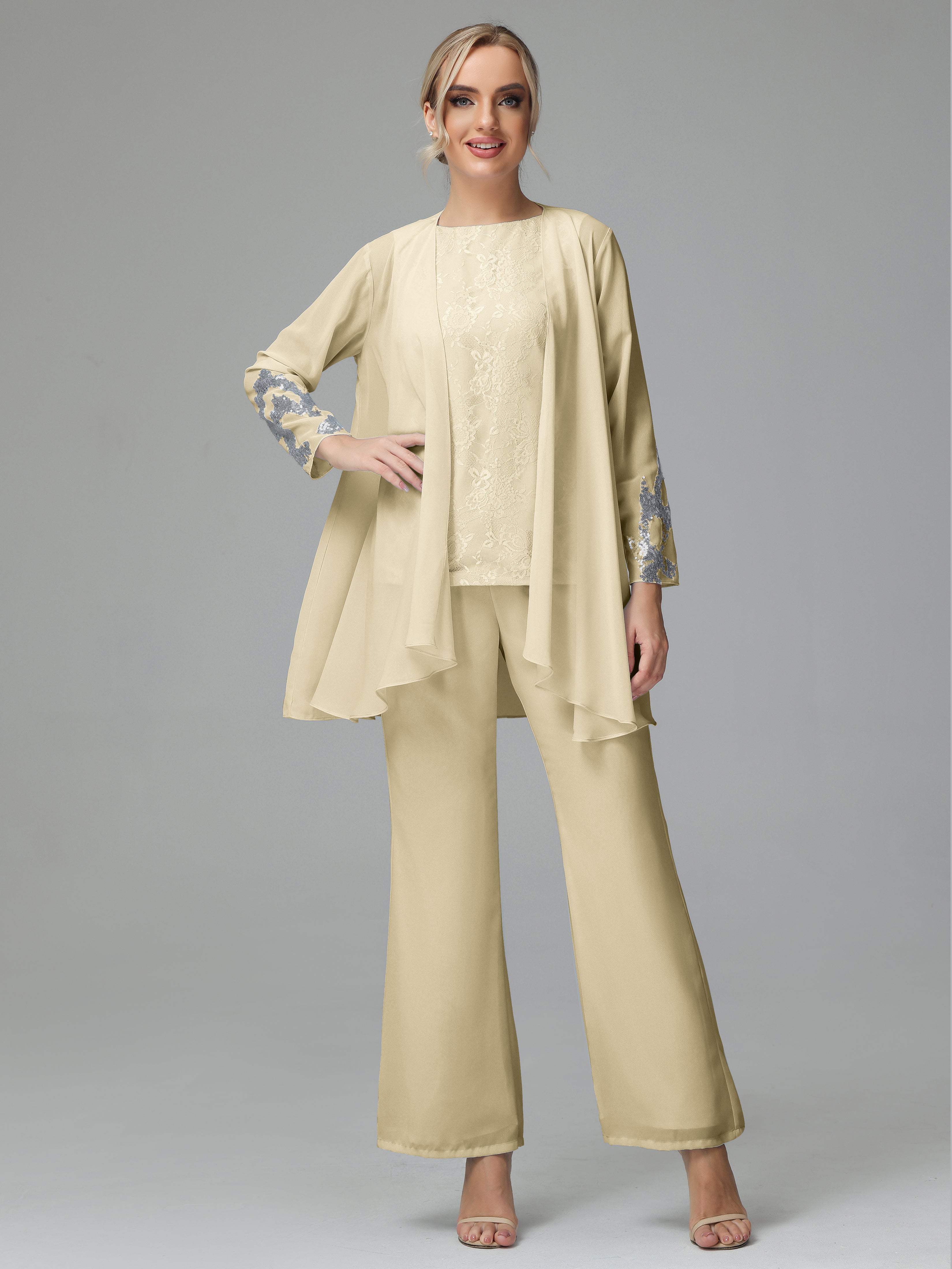 Long Sleeves Chiffon Lace Mother Of The Bride Dress Pants Suits