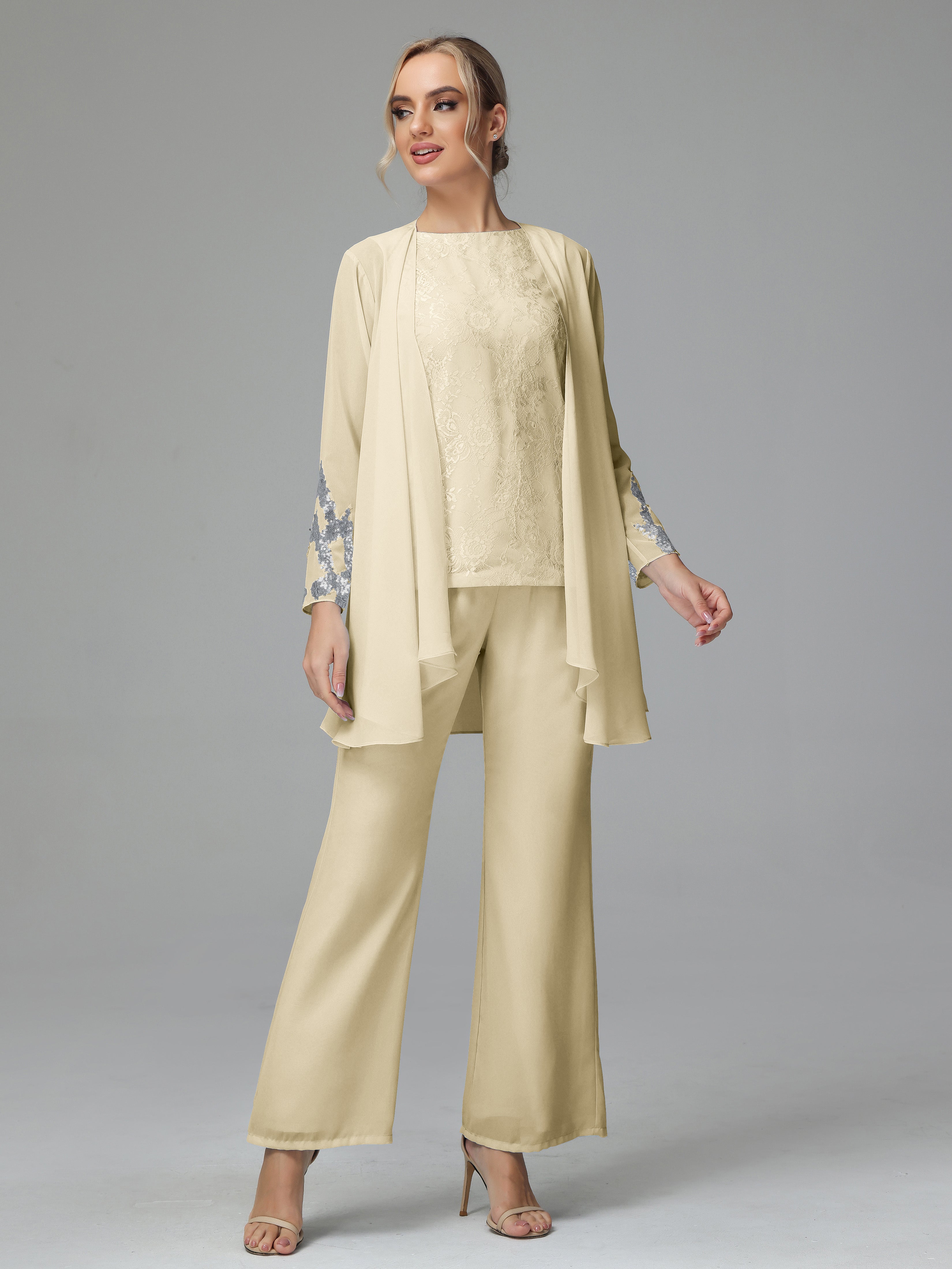 Long Sleeves Chiffon Lace Mother Of The Bride Dress Pants Suits