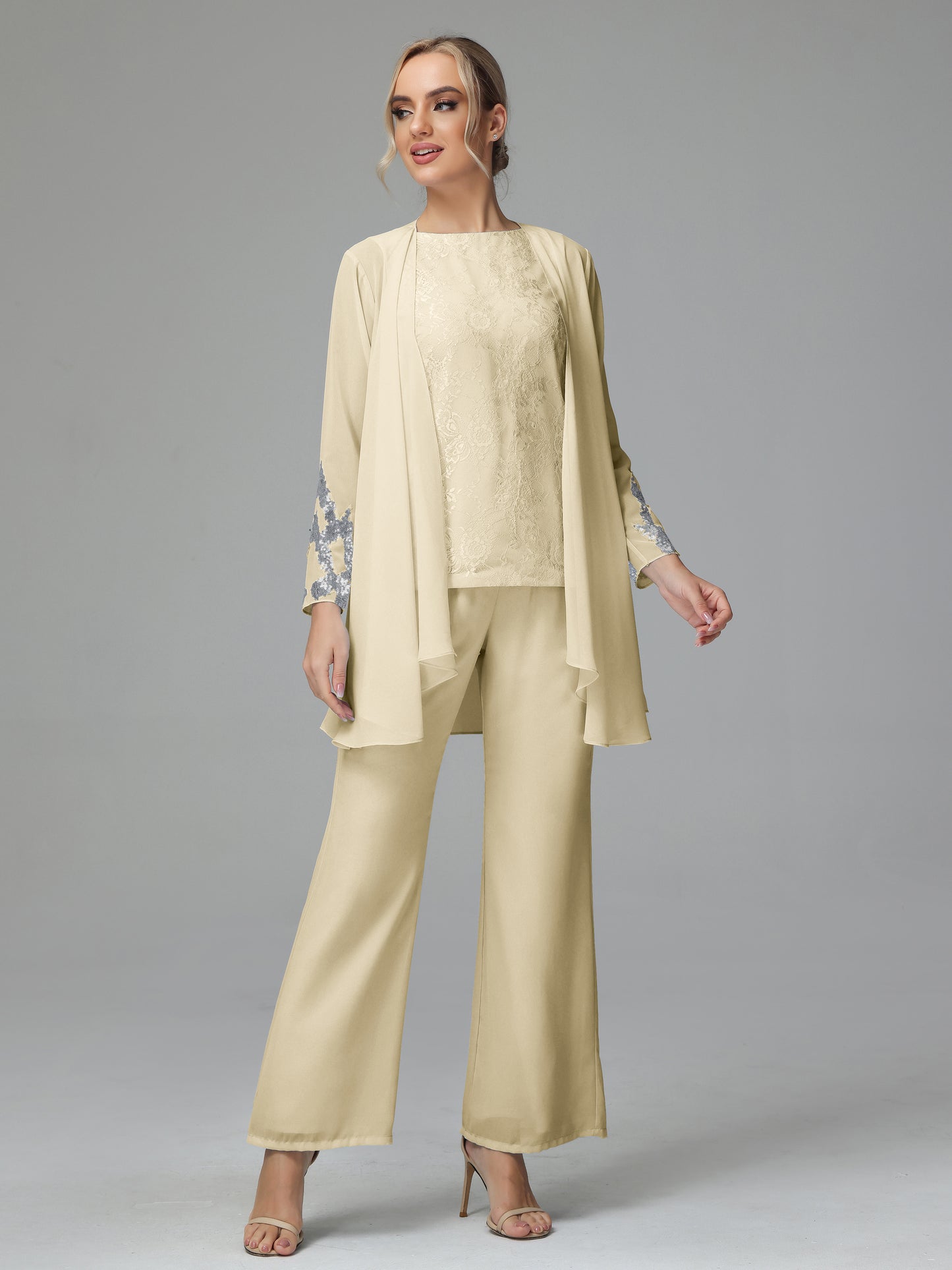 Long Sleeves Chiffon Lace Mother Of The Bride Dress Pants Suits