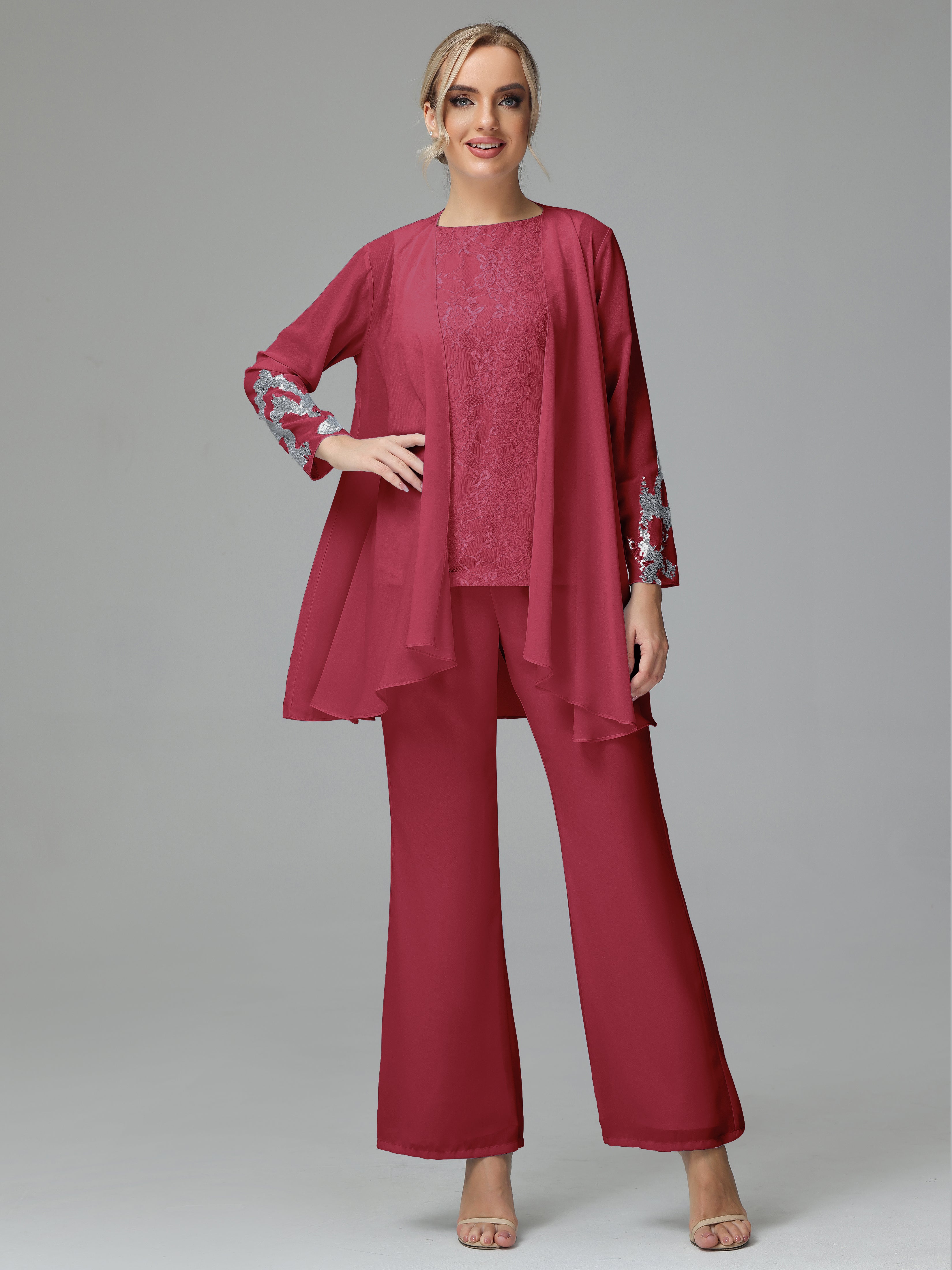 Long Sleeves Chiffon Lace Mother Of The Bride Dress Pants Suits