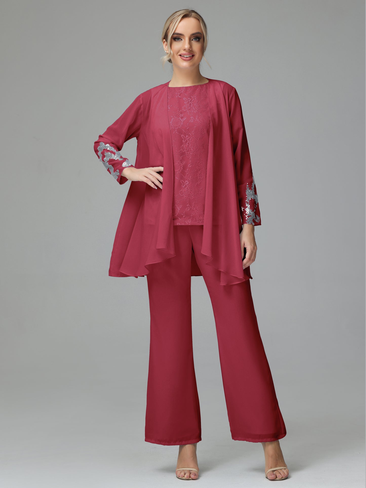 Long Sleeves Chiffon Lace Mother Of The Bride Dress Pants Suits
