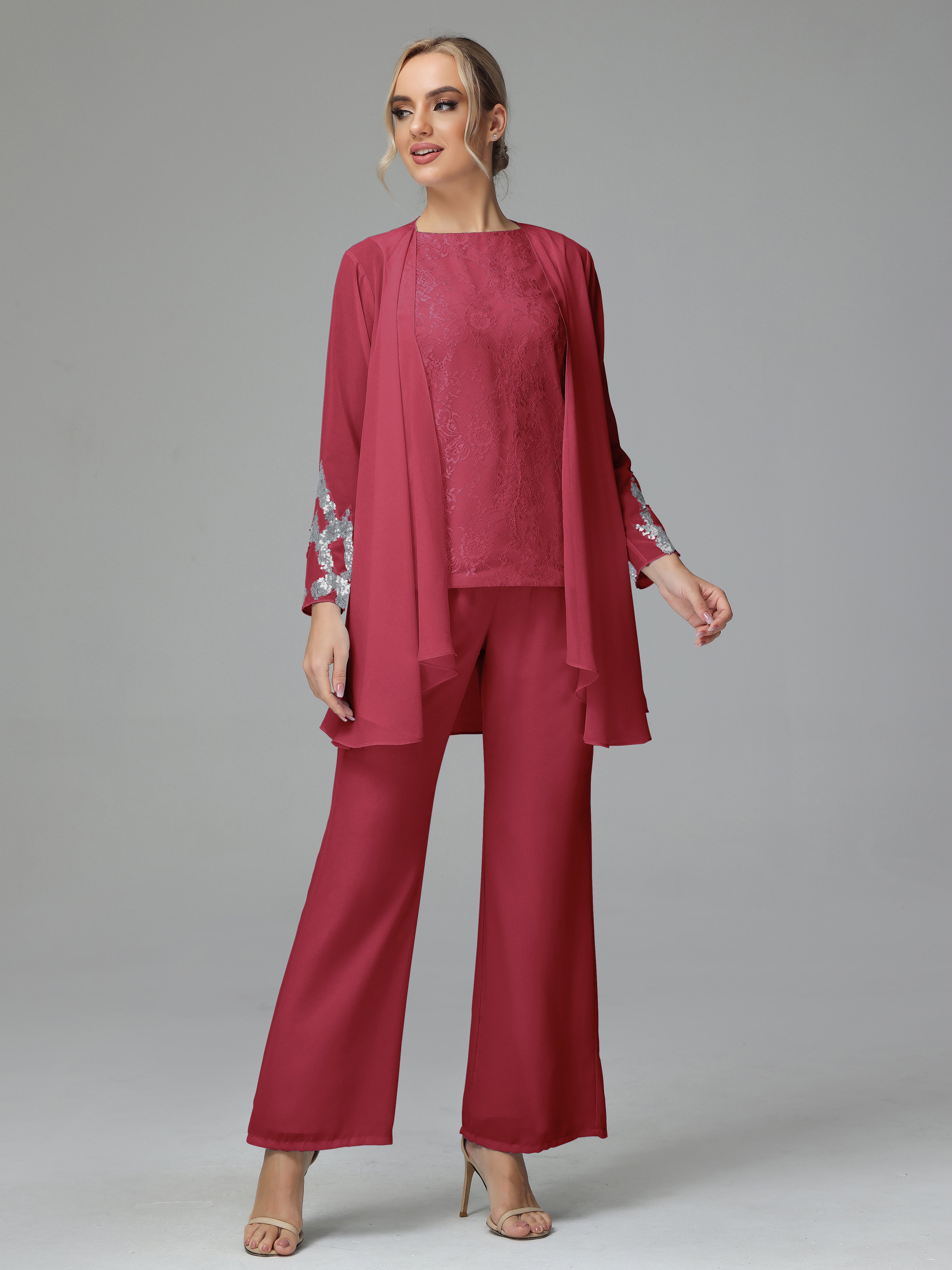 Long Sleeves Chiffon Lace Mother Of The Bride Dress Pants Suits