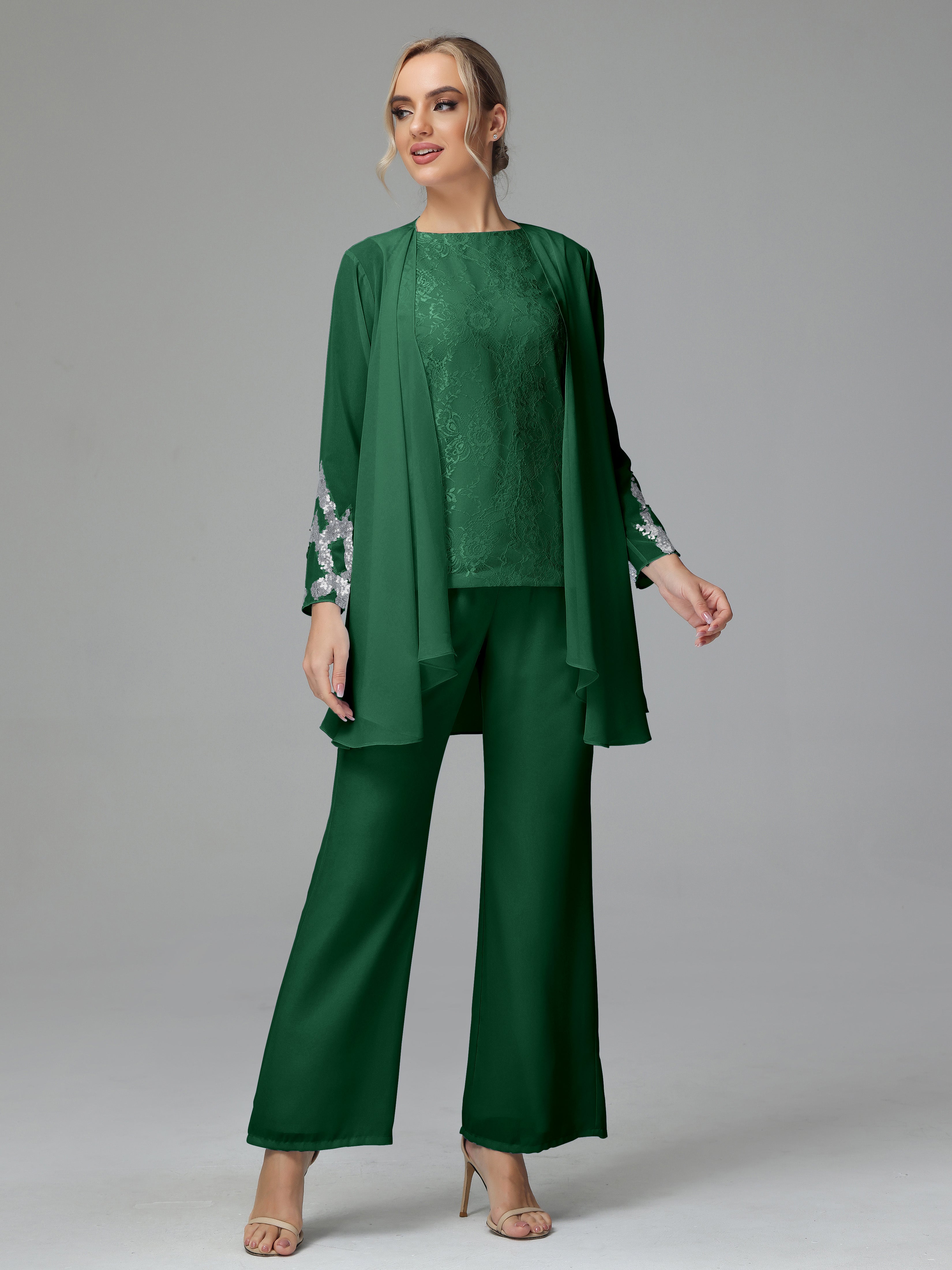 Long Sleeves Chiffon Lace Mother Of The Bride Dress Pants Suits