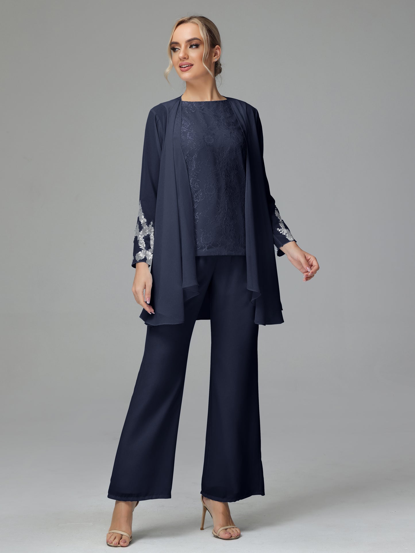 Long Sleeves Chiffon Lace Mother Of The Bride Dress Pants Suits