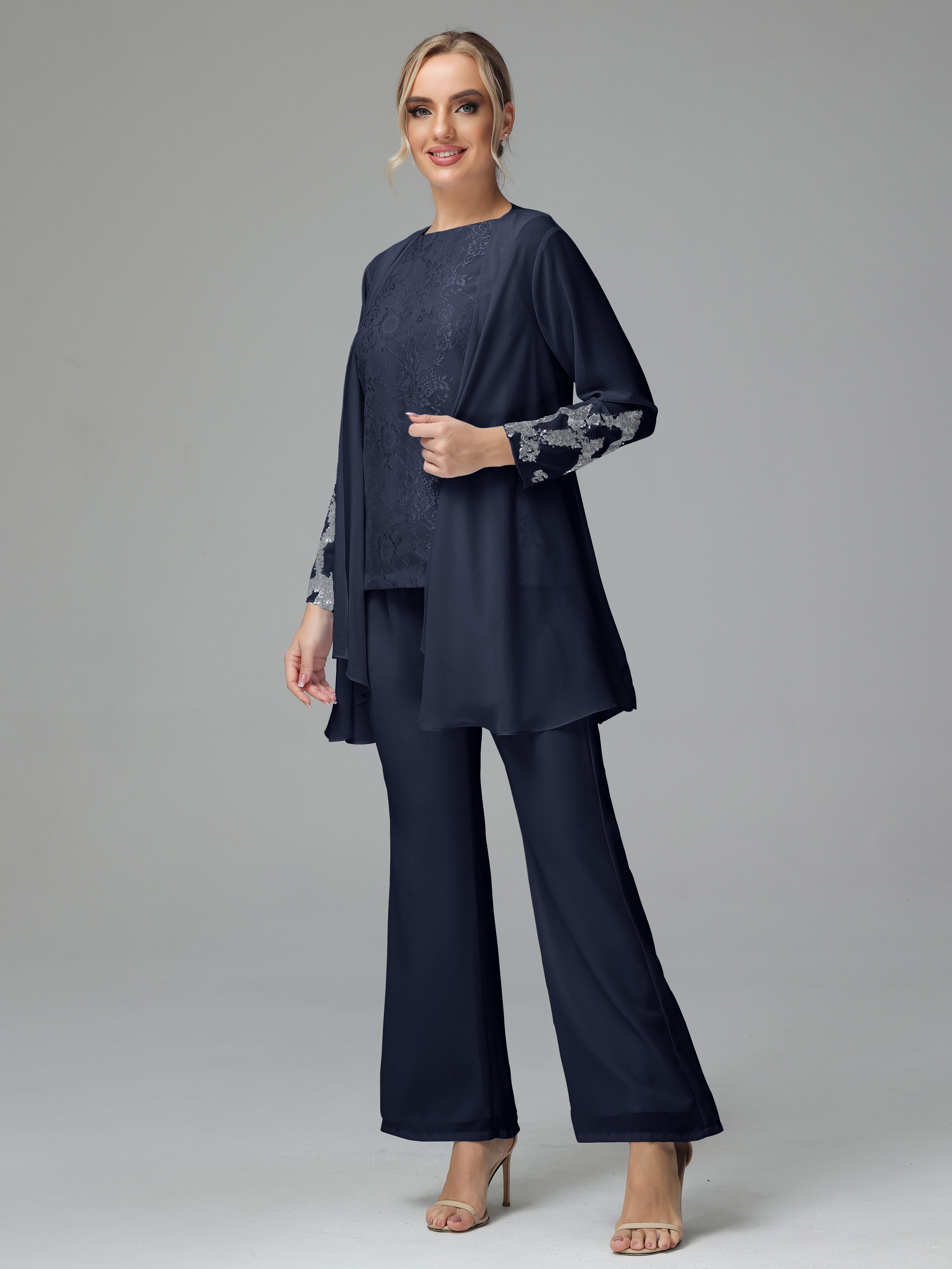 Long Sleeves Chiffon Lace Mother Of The Bride Dress Pants Suits
