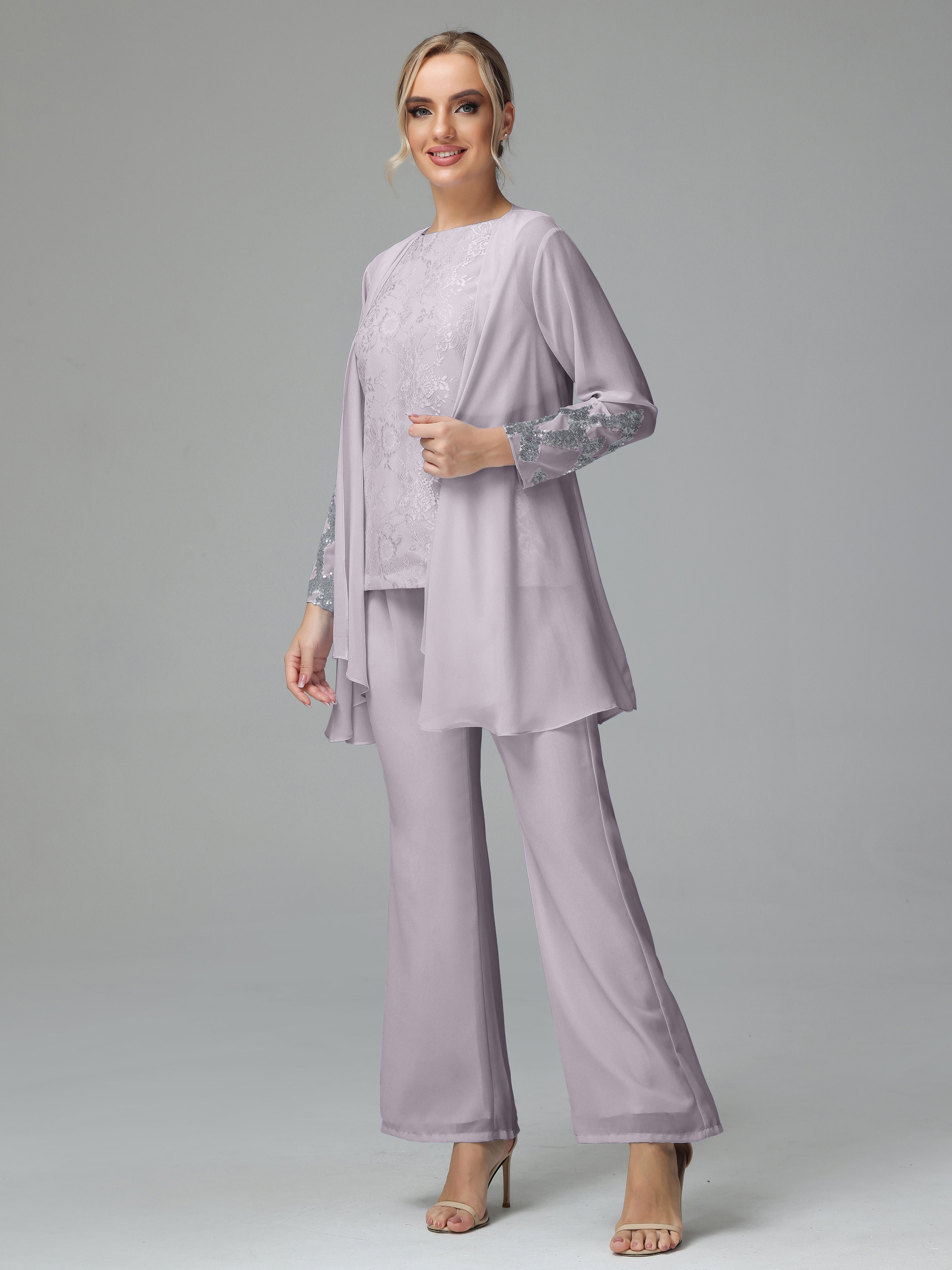 Long Sleeves Chiffon Lace Mother Of The Bride Dress Pants Suits