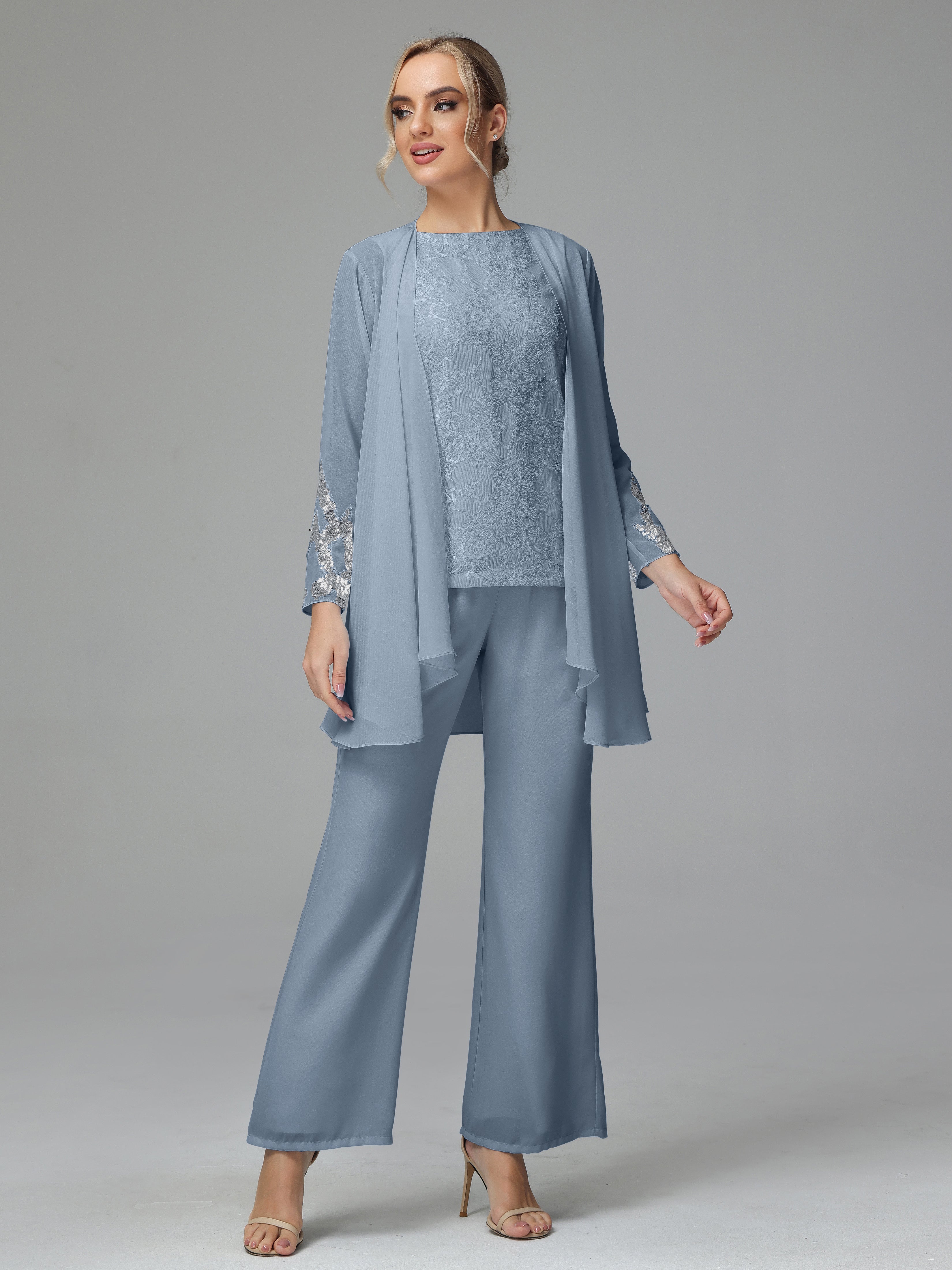 Long Sleeves Chiffon Lace Mother Of The Bride Dress Pants Suits