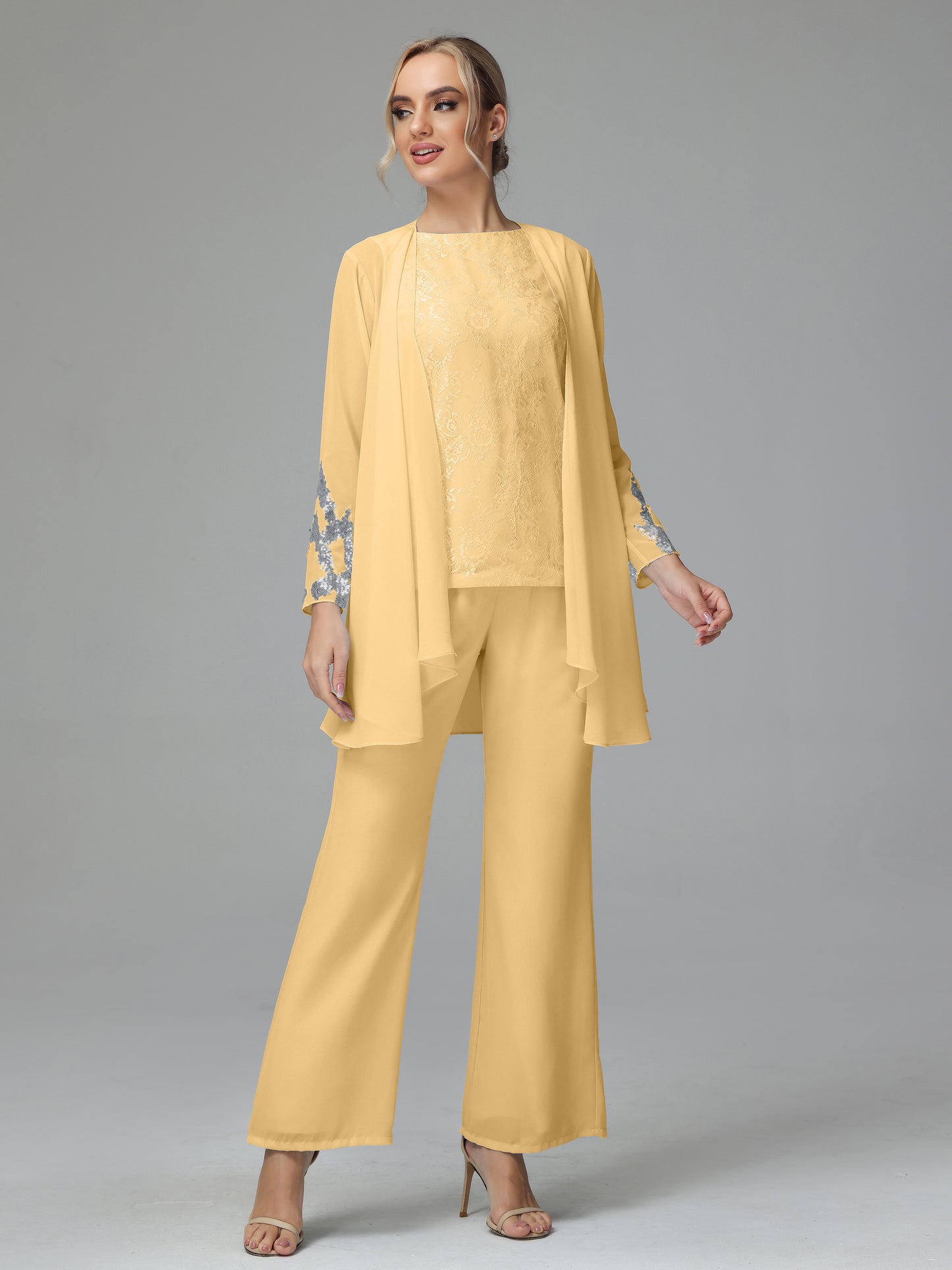 Long Sleeves Chiffon Lace Mother Of The Bride Dress Pants Suits