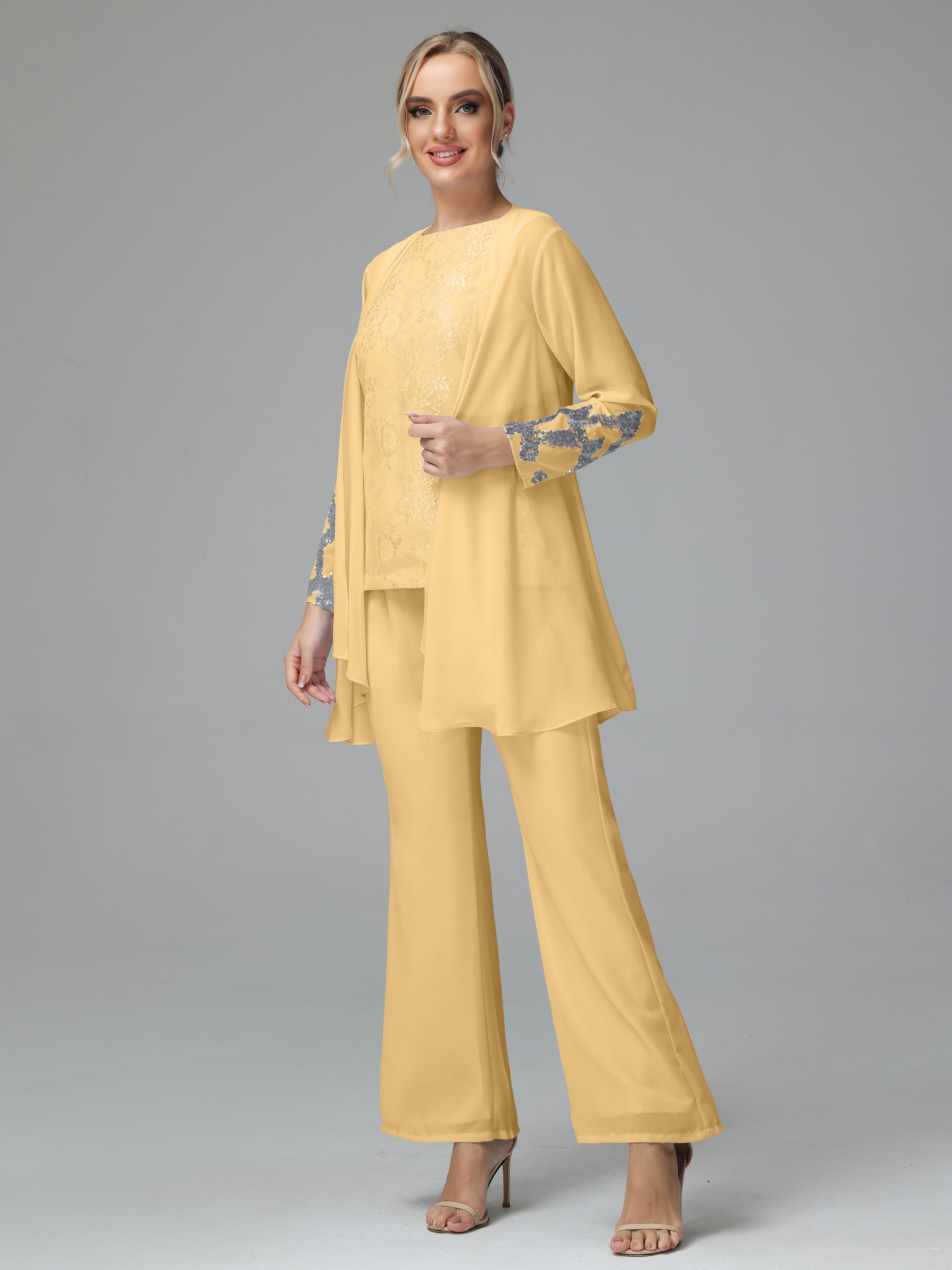 Long Sleeves Chiffon Lace Mother Of The Bride Dress Pants Suits