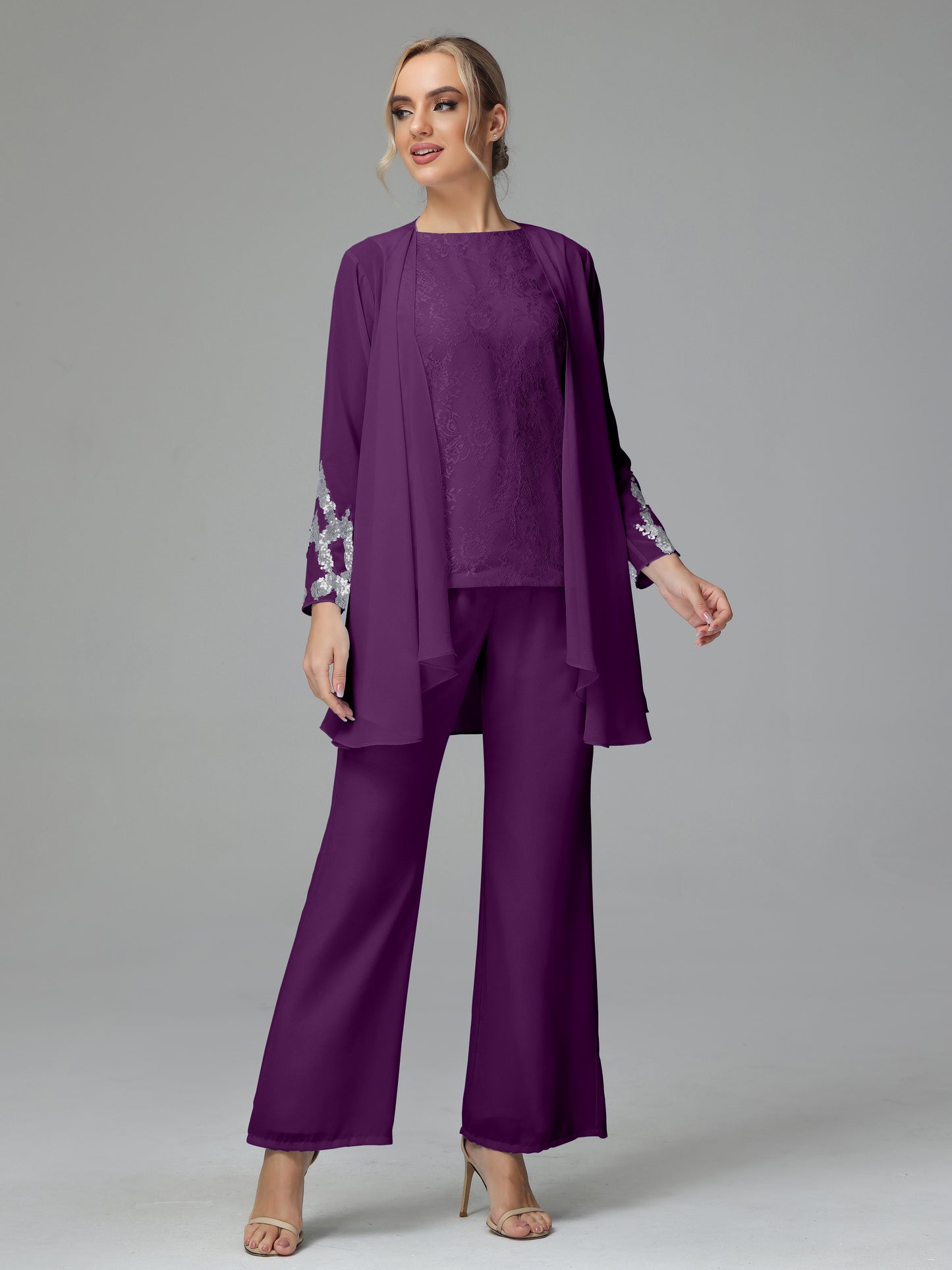 Long Sleeves Chiffon Lace Mother Of The Bride Dress Pants Suits