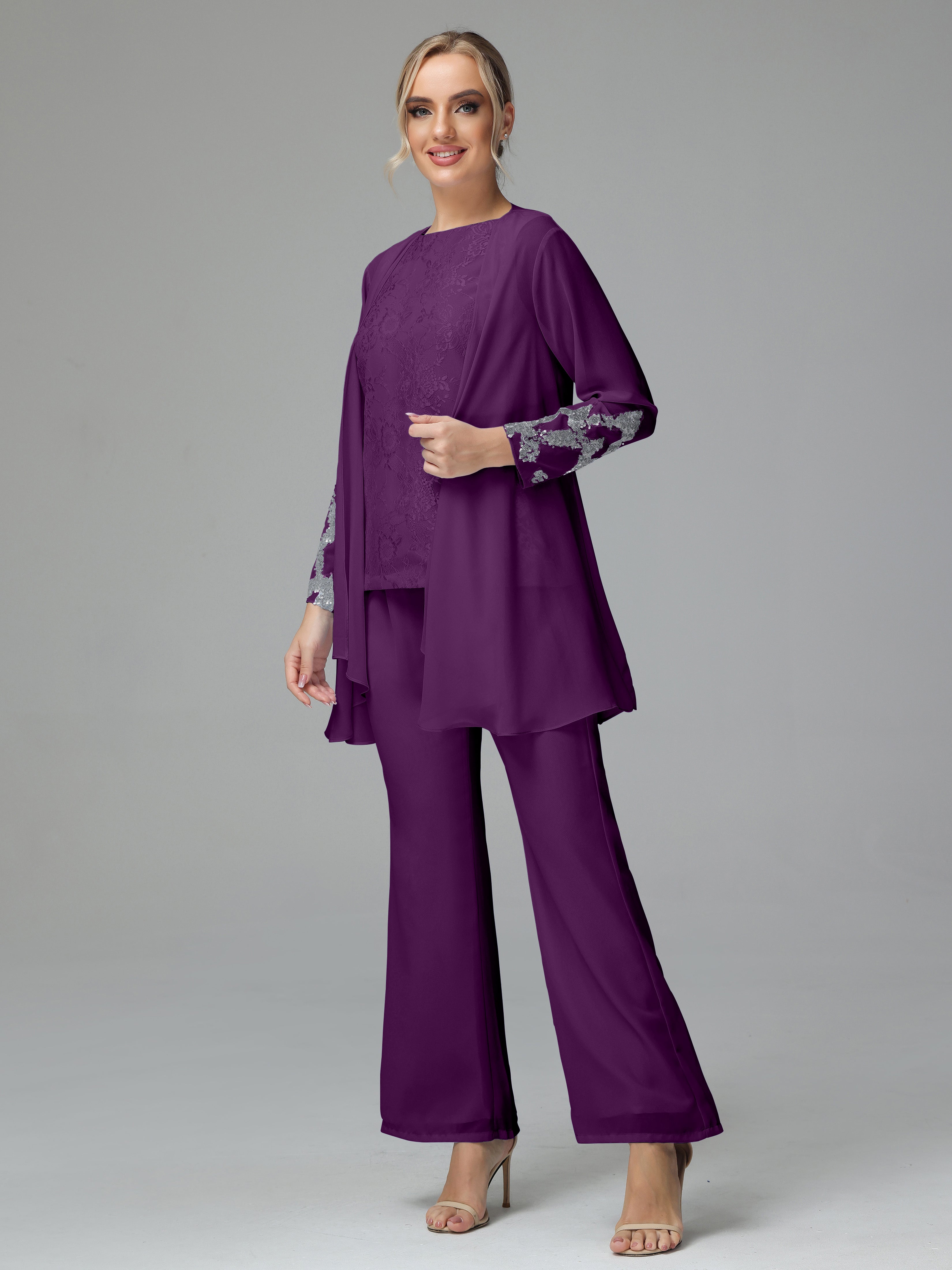 Long Sleeves Chiffon Lace Mother Of The Bride Dress Pants Suits