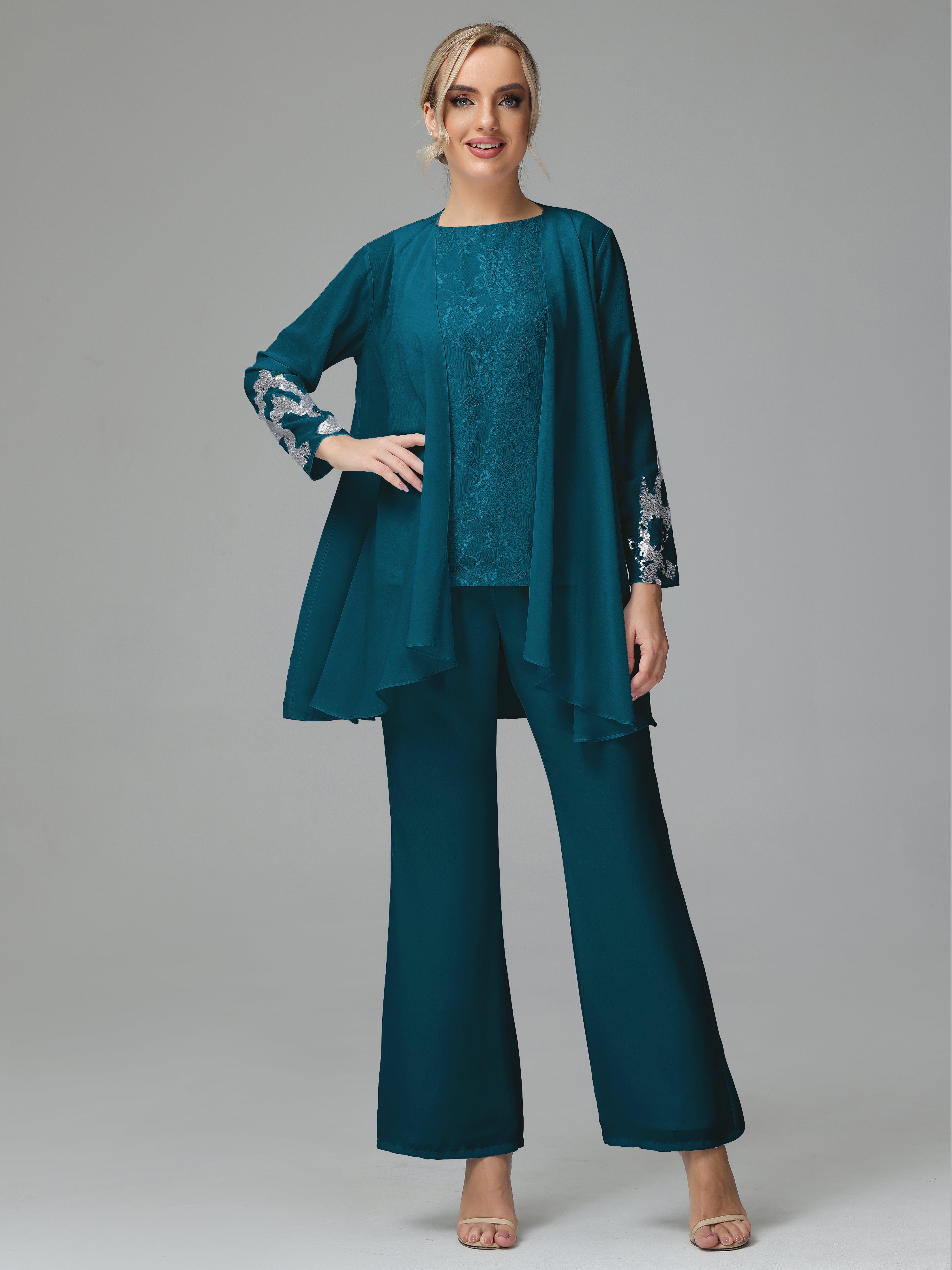 Long Sleeves Chiffon Lace Mother Of The Bride Dress Pants Suits