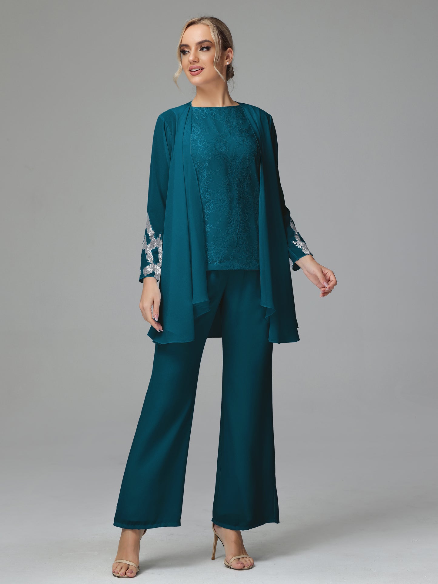 Long Sleeves Chiffon Lace Mother Of The Bride Dress Pants Suits
