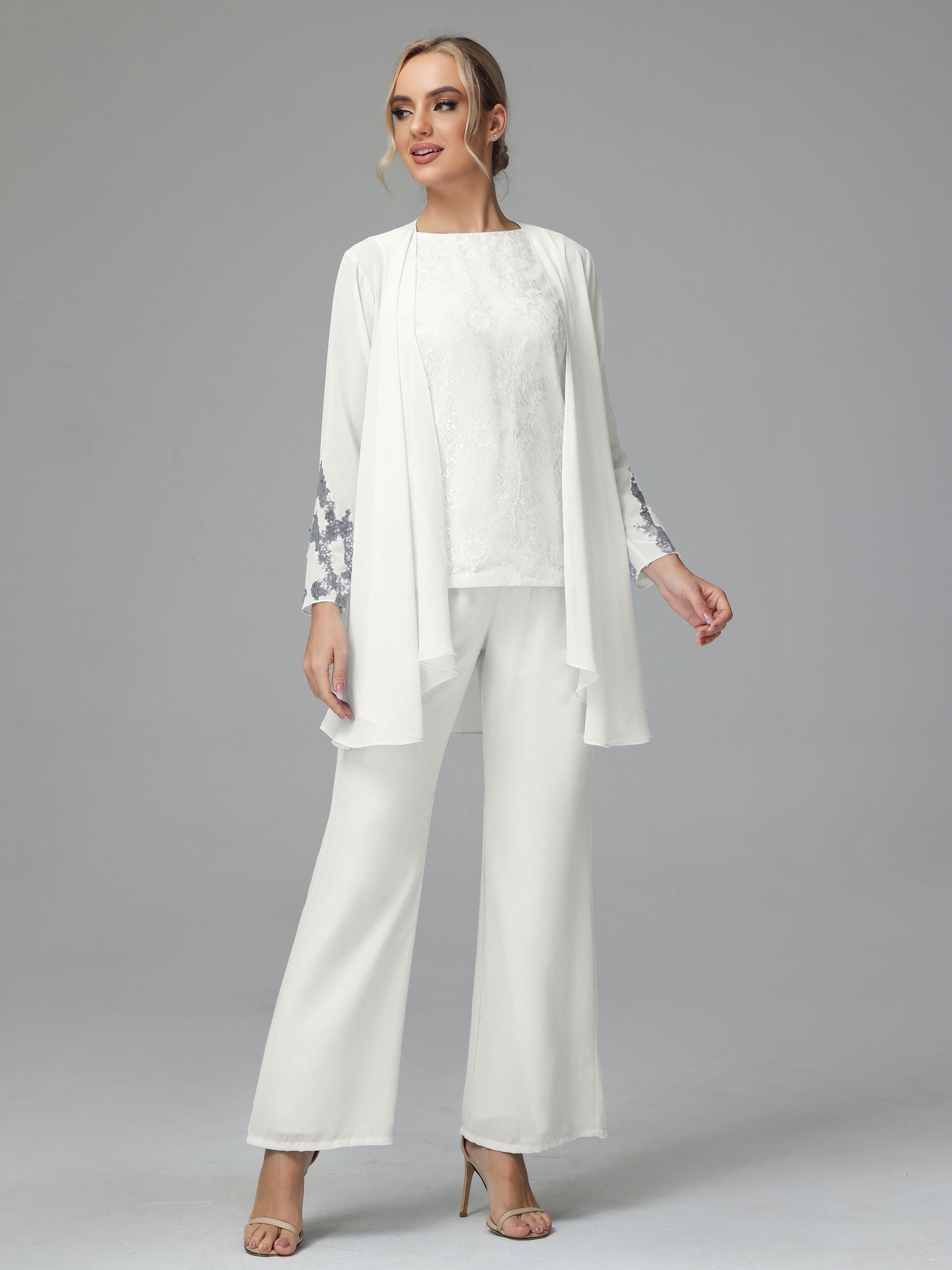 Long Sleeves Chiffon Lace Mother Of The Bride Dress Pants Suits