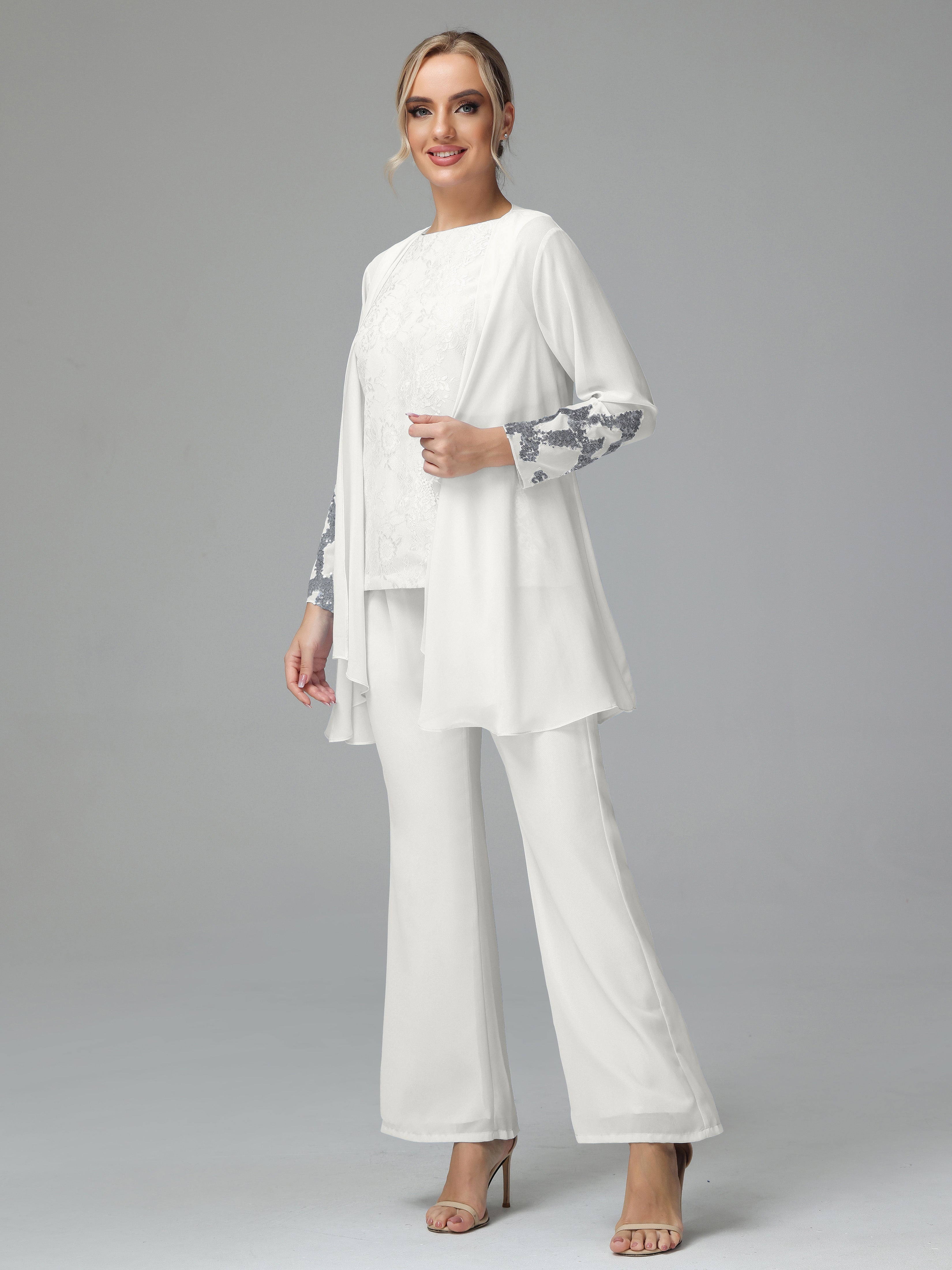 Long Sleeves Chiffon Lace Mother Of The Bride Dress Pants Suits