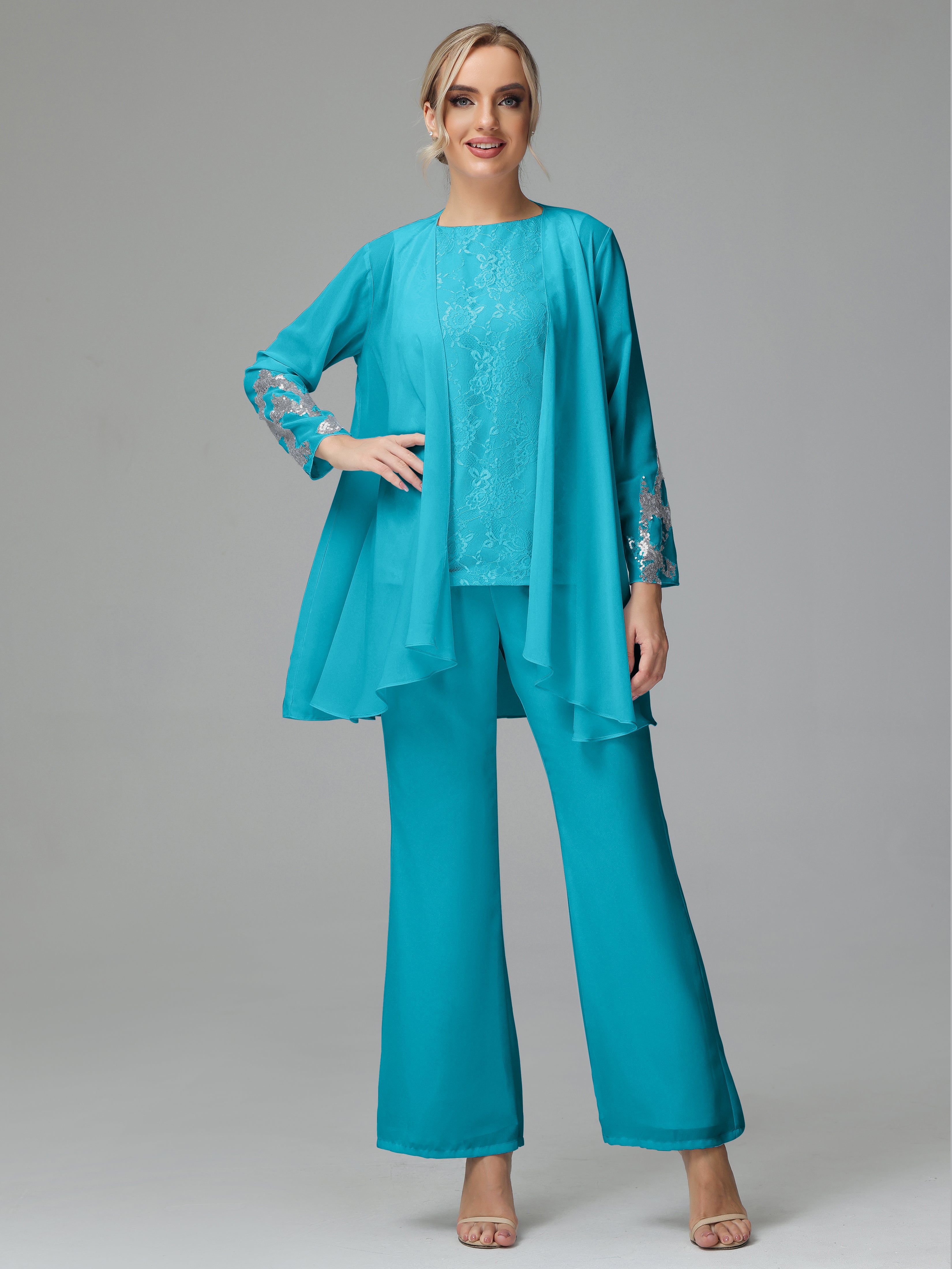 Long Sleeves Chiffon Lace Mother Of The Bride Dress Pants Suits