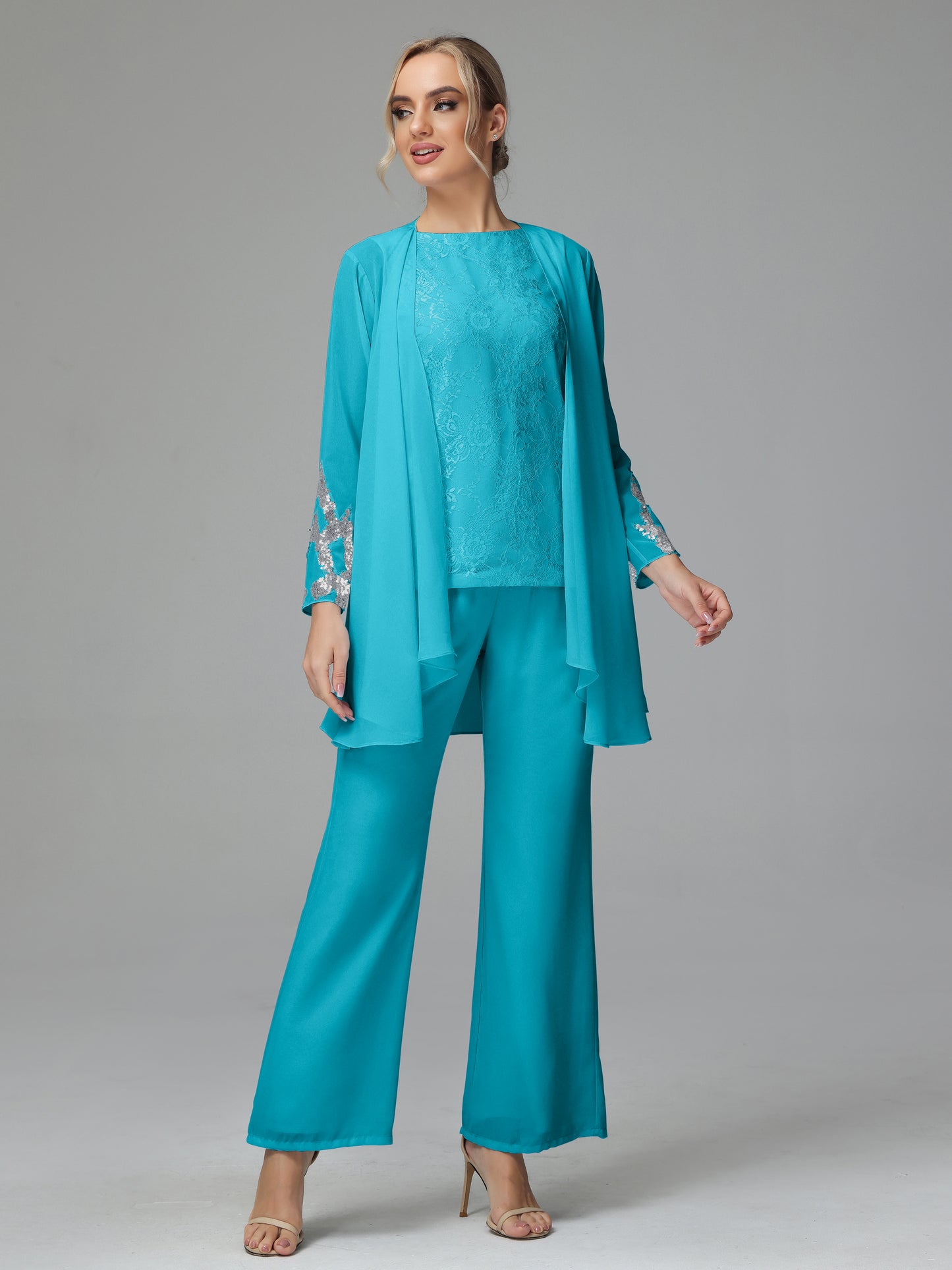 Long Sleeves Chiffon Lace Mother Of The Bride Dress Pants Suits