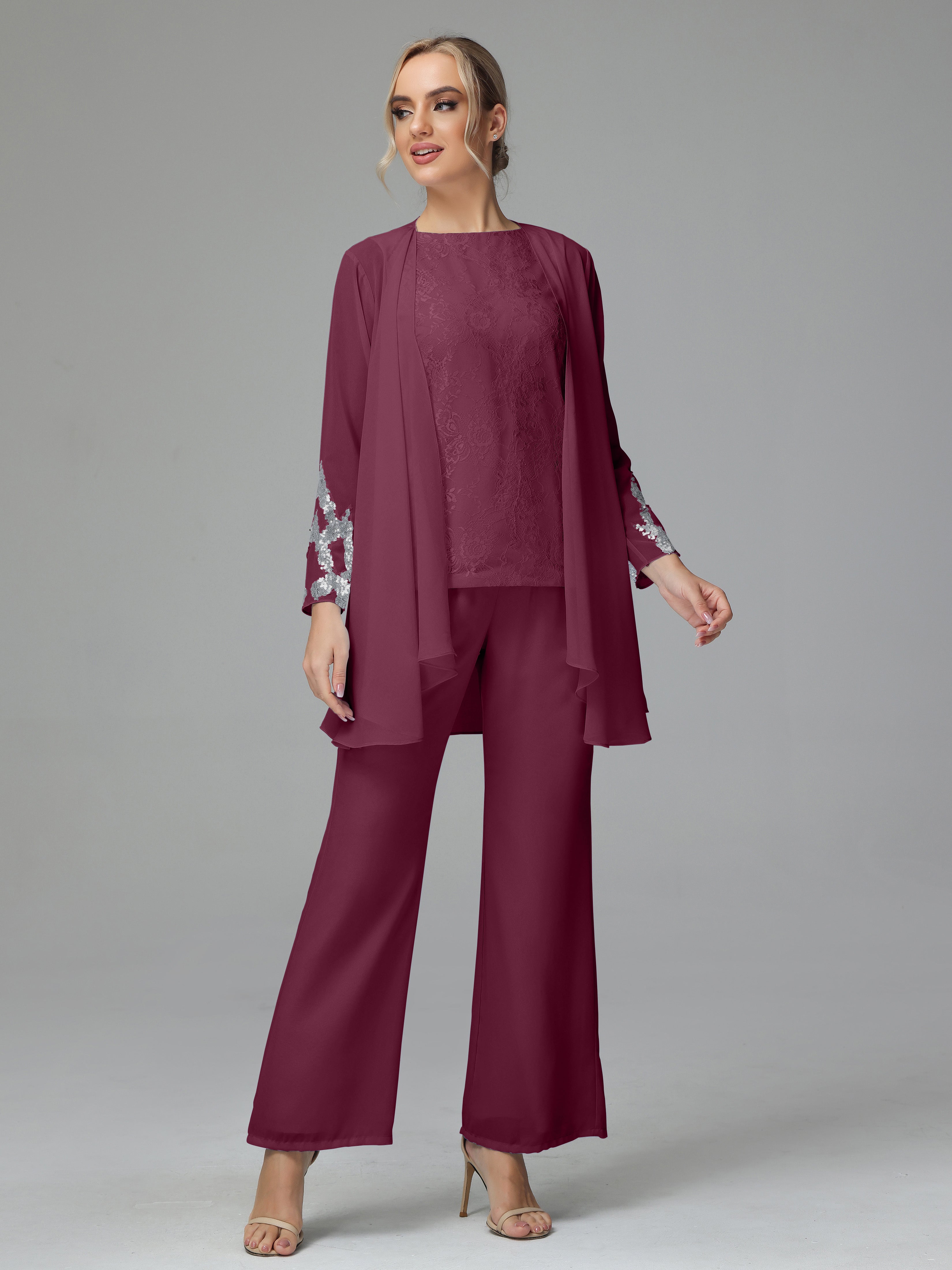 Long Sleeves Chiffon Lace Mother Of The Bride Dress Pants Suits