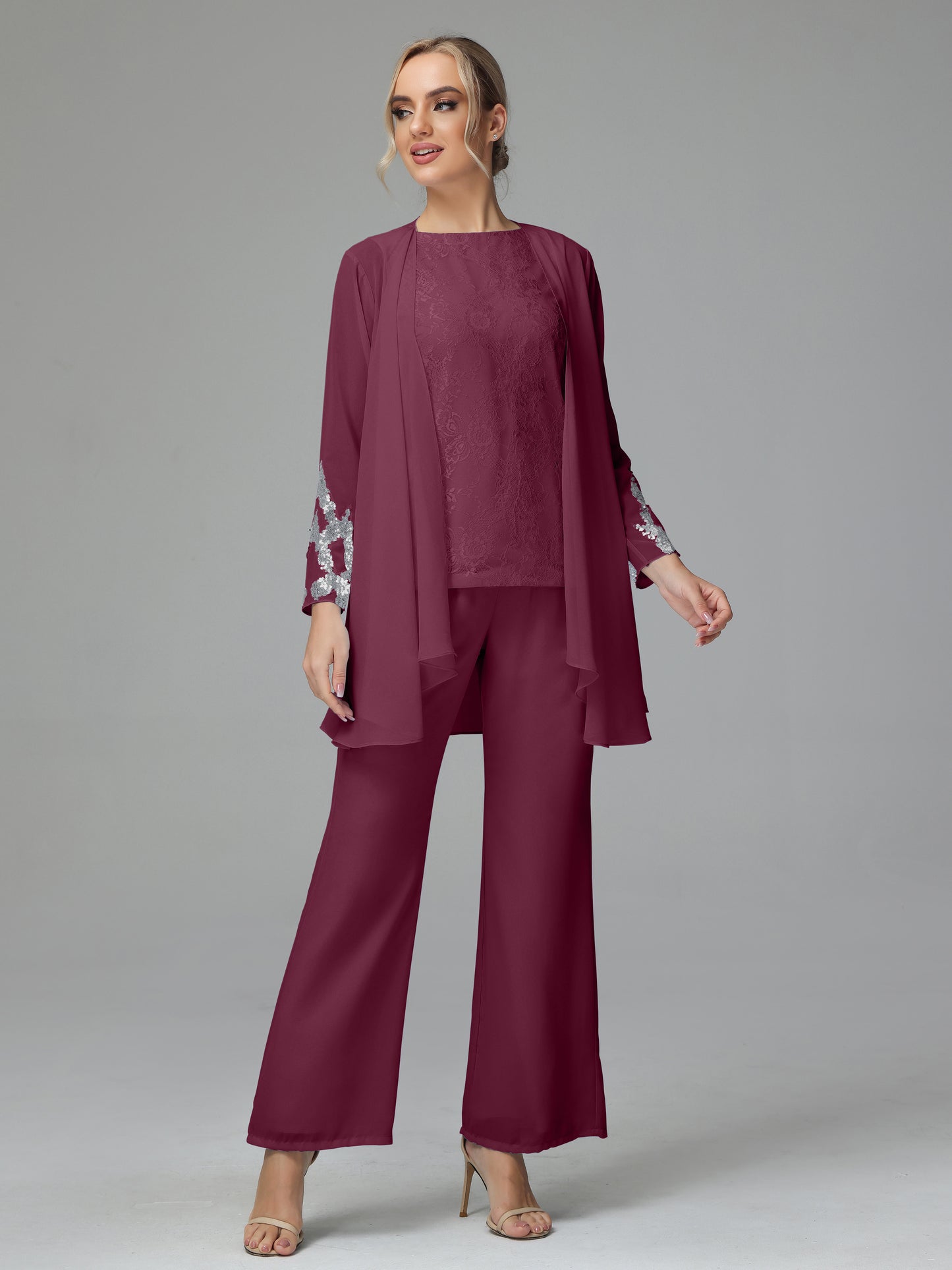 Long Sleeves Chiffon Lace Mother Of The Bride Dress Pants Suits