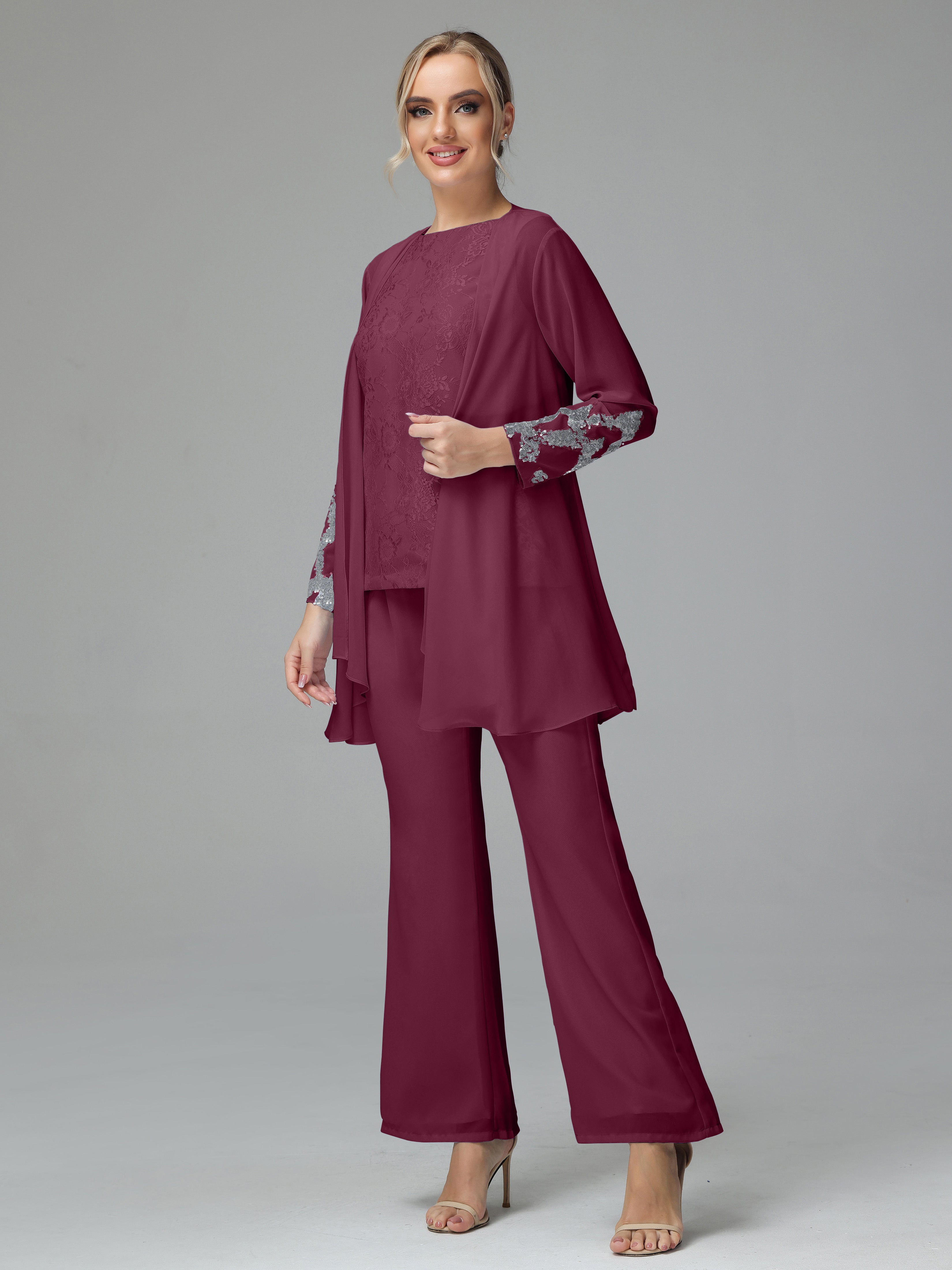 Long Sleeves Chiffon Lace Mother Of The Bride Dress Pants Suits
