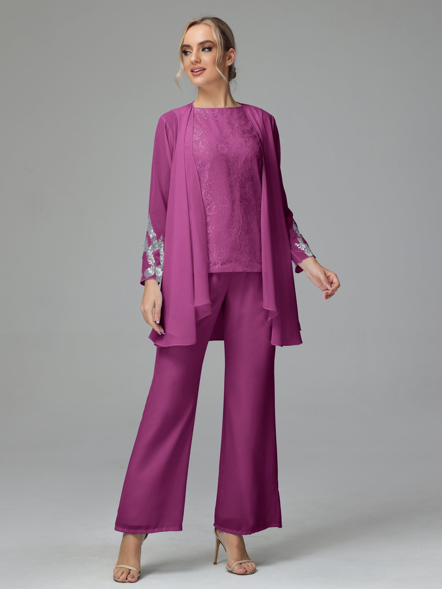 Long Sleeves Chiffon Lace Mother Of The Bride Dress Pants Suits