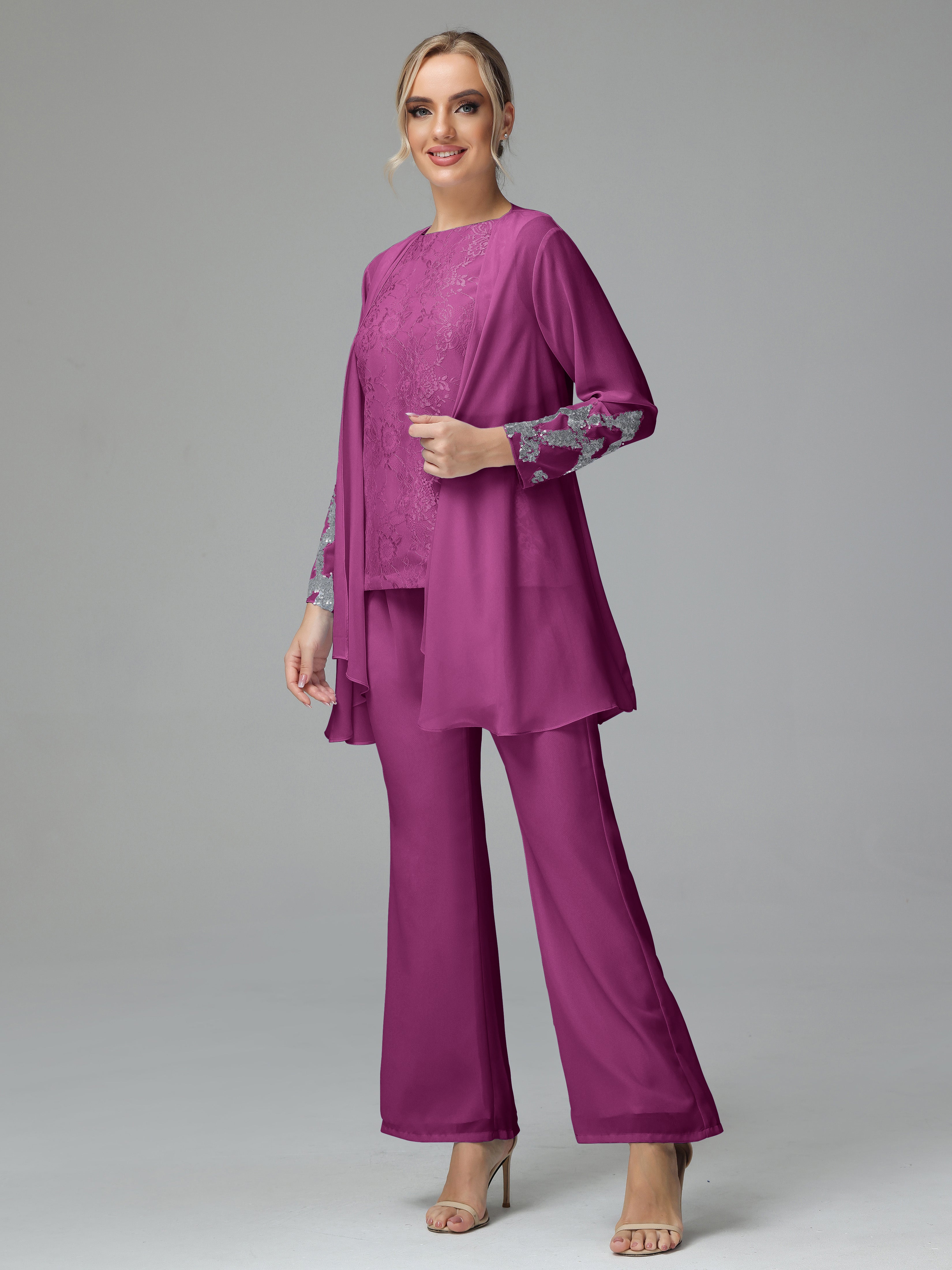Long Sleeves Chiffon Lace Mother Of The Bride Dress Pants Suits
