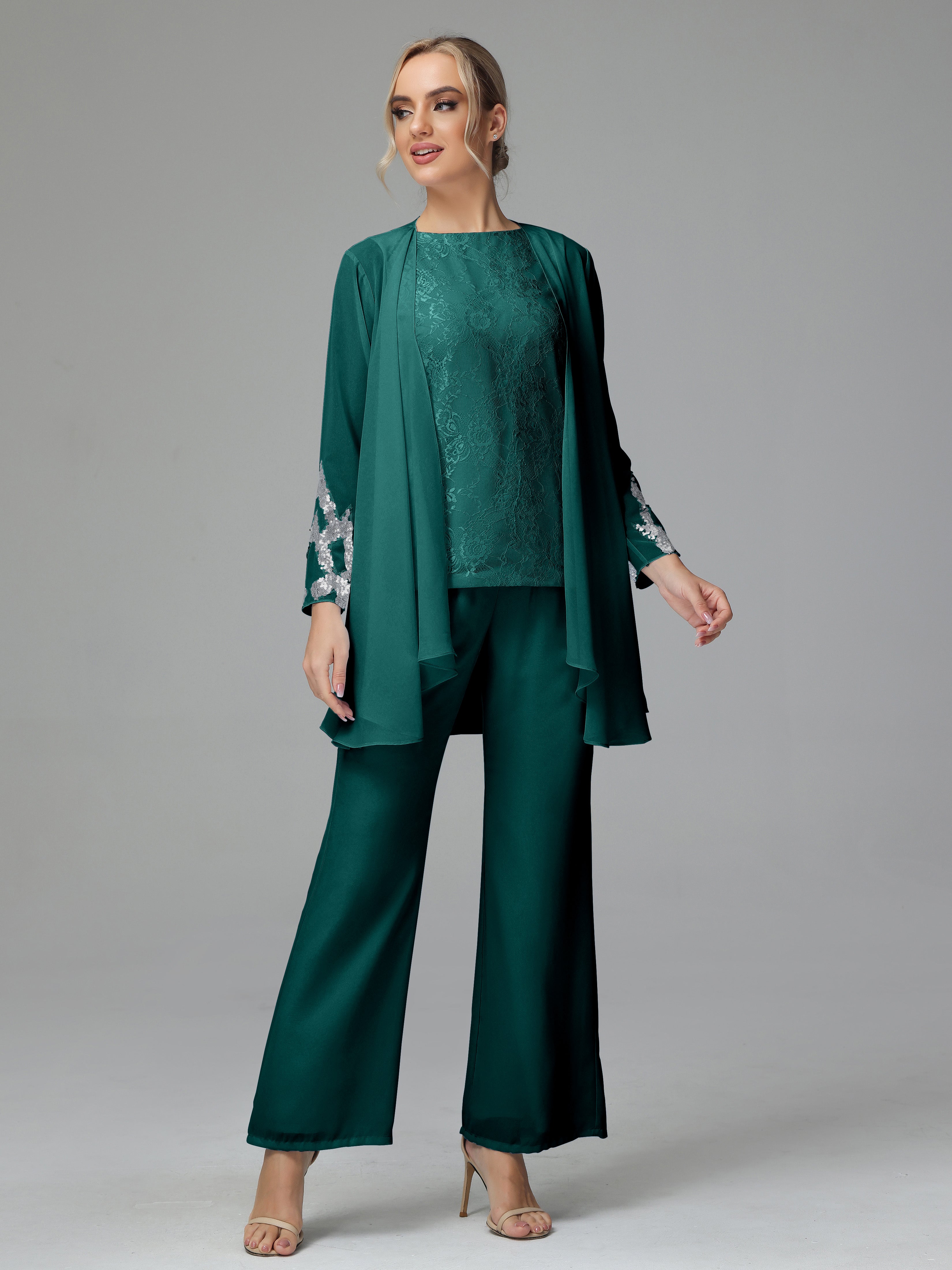 Long Sleeves Chiffon Lace Mother Of The Bride Dress Pants Suits